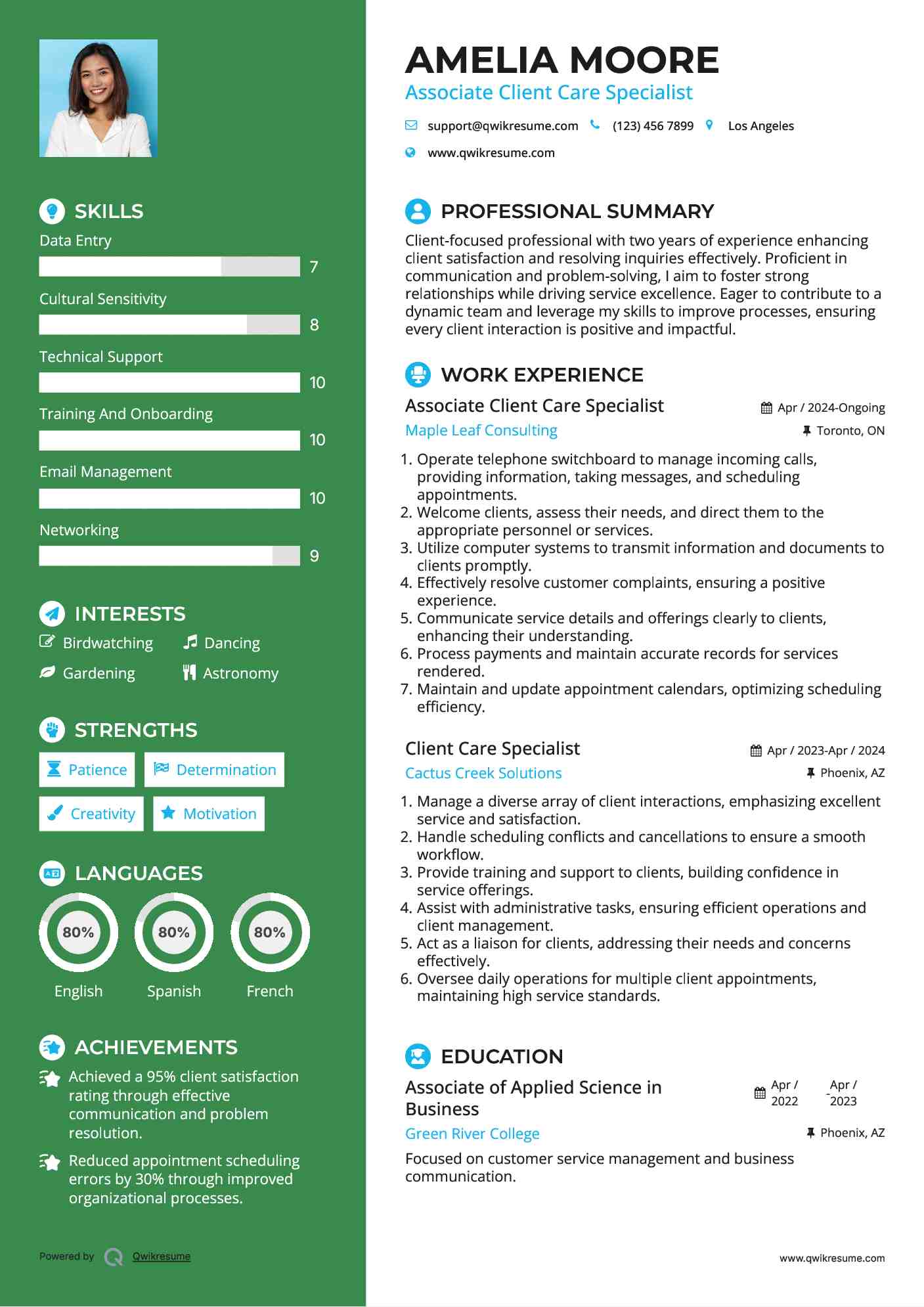 Associate Client Care Specialist Resume Model