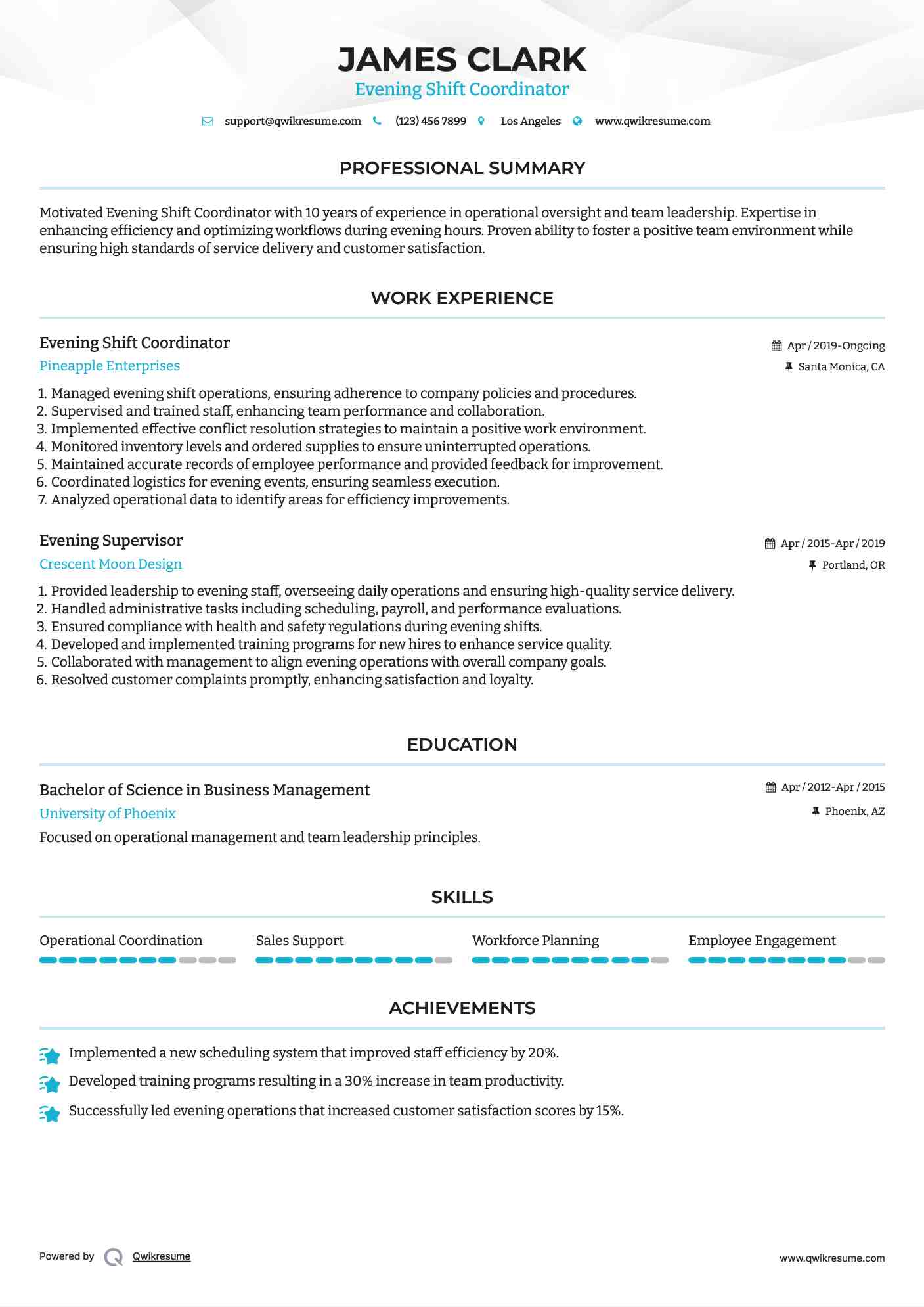 Evening Shift Coordinator Resume Example