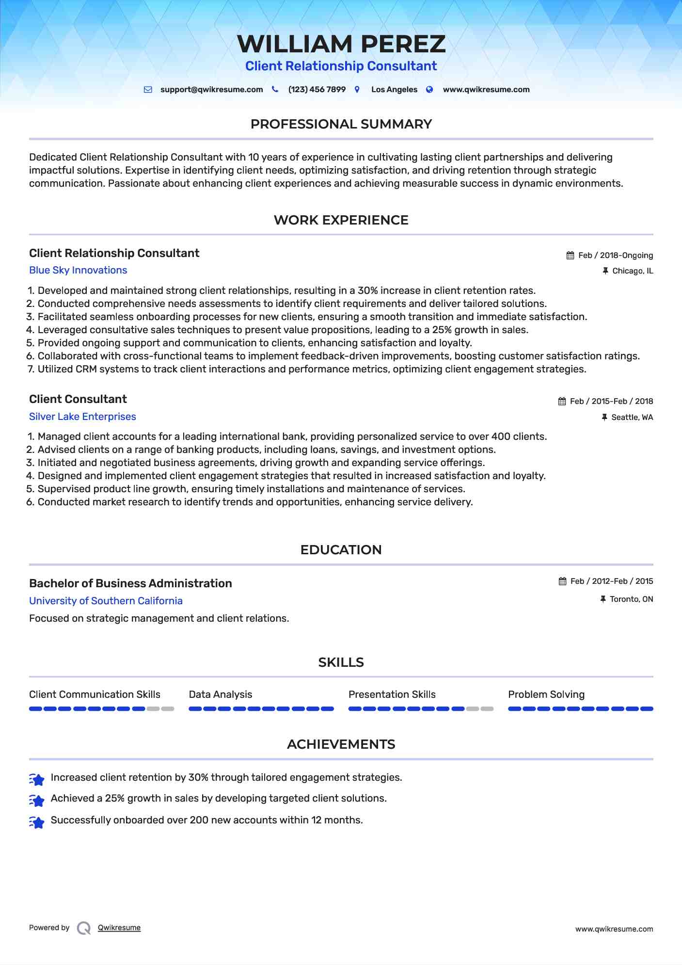 Client Relationship Consultant Resume Model