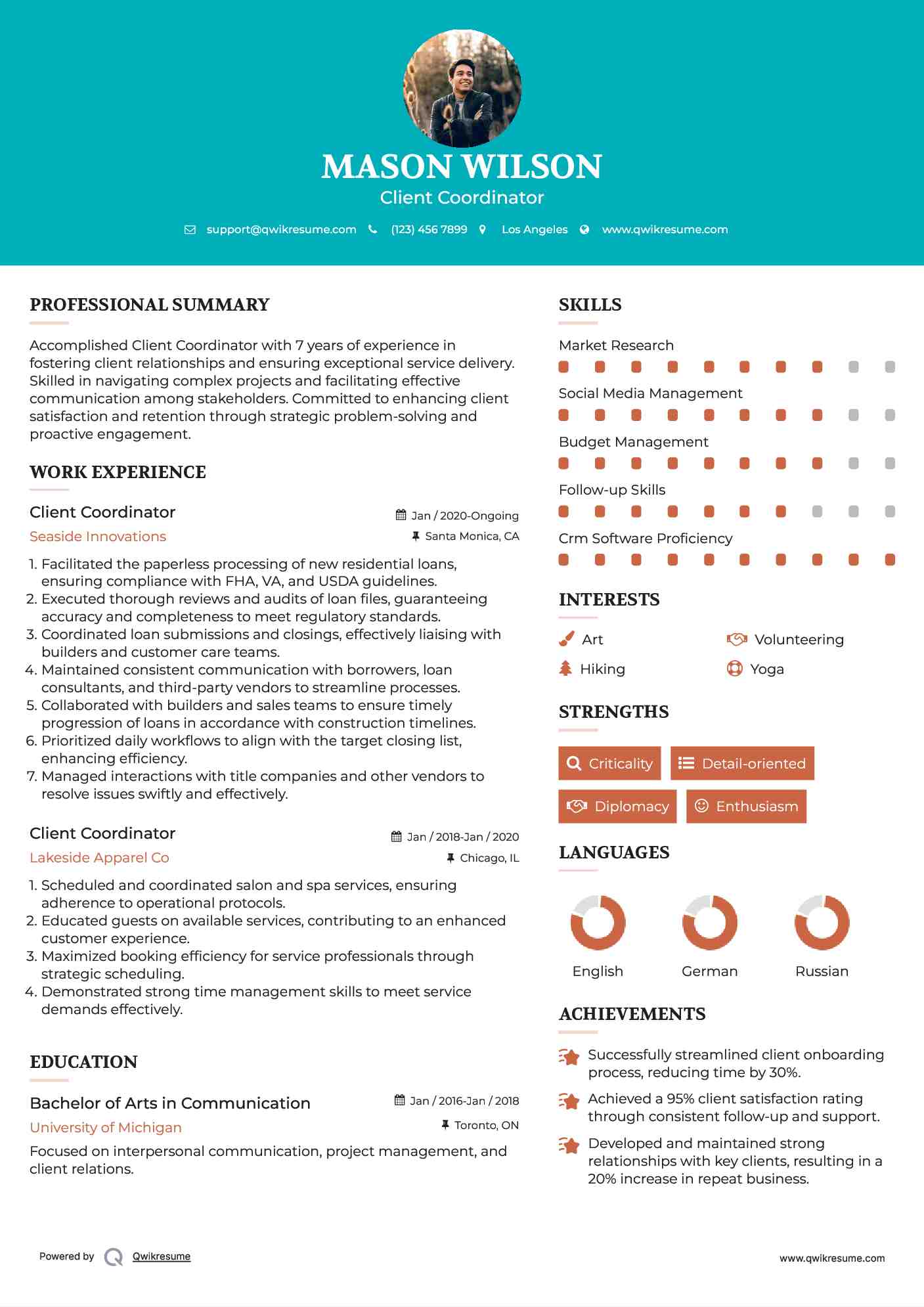 Client Coordinator Resume Sample