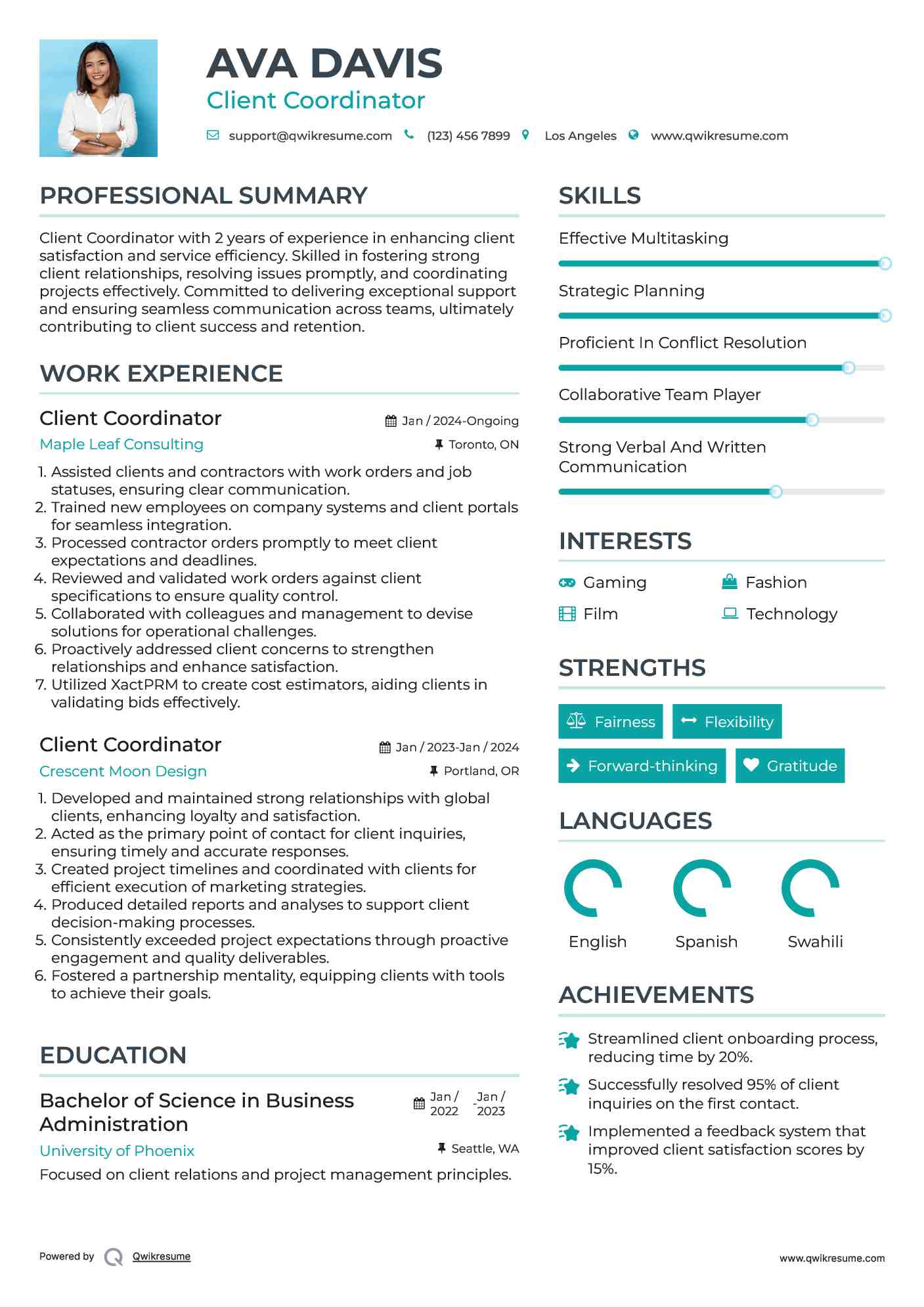 Client Coordinator  Resume Sample