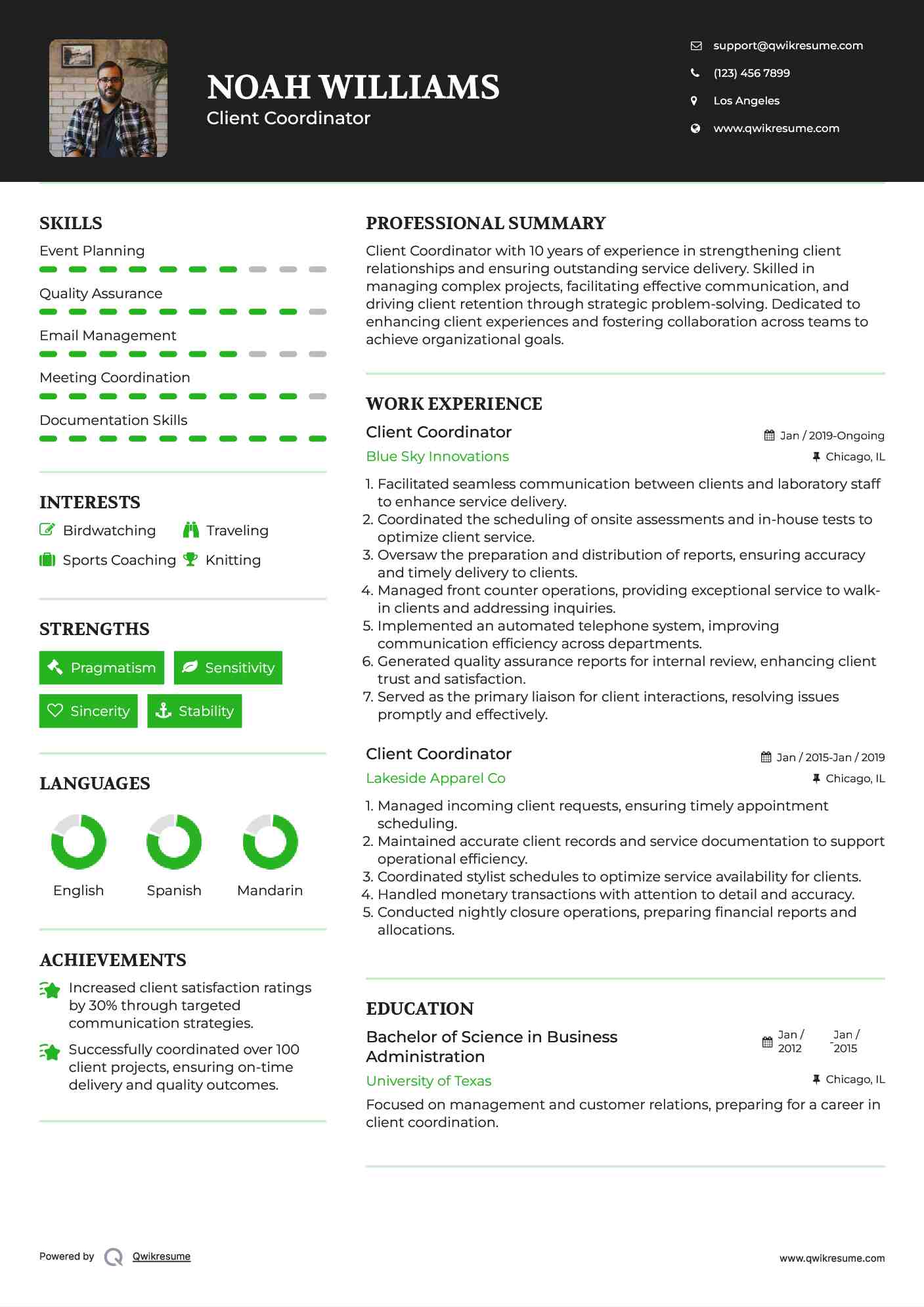 Client Coordinator Resume Format