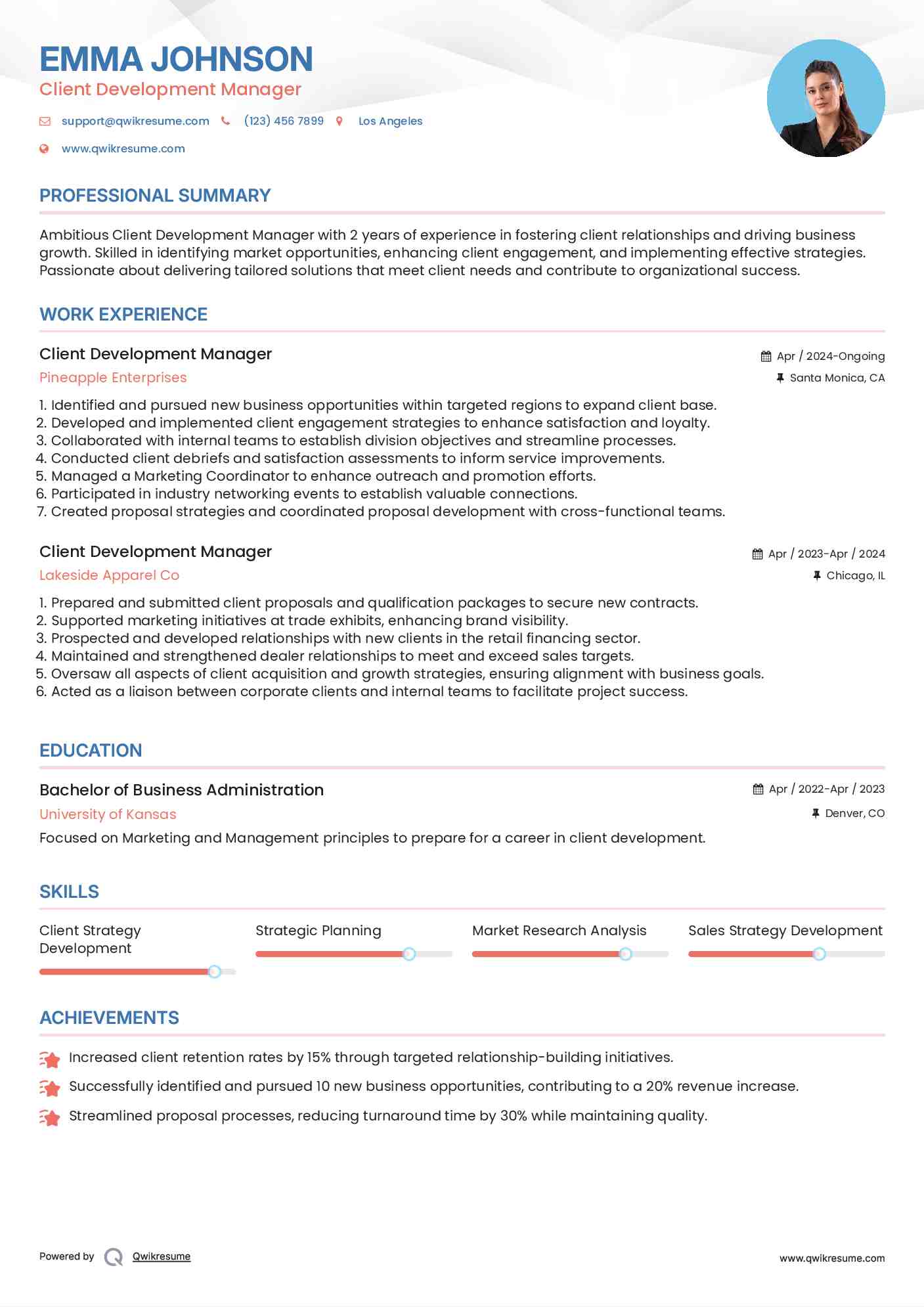Client Development Manager Resume Format