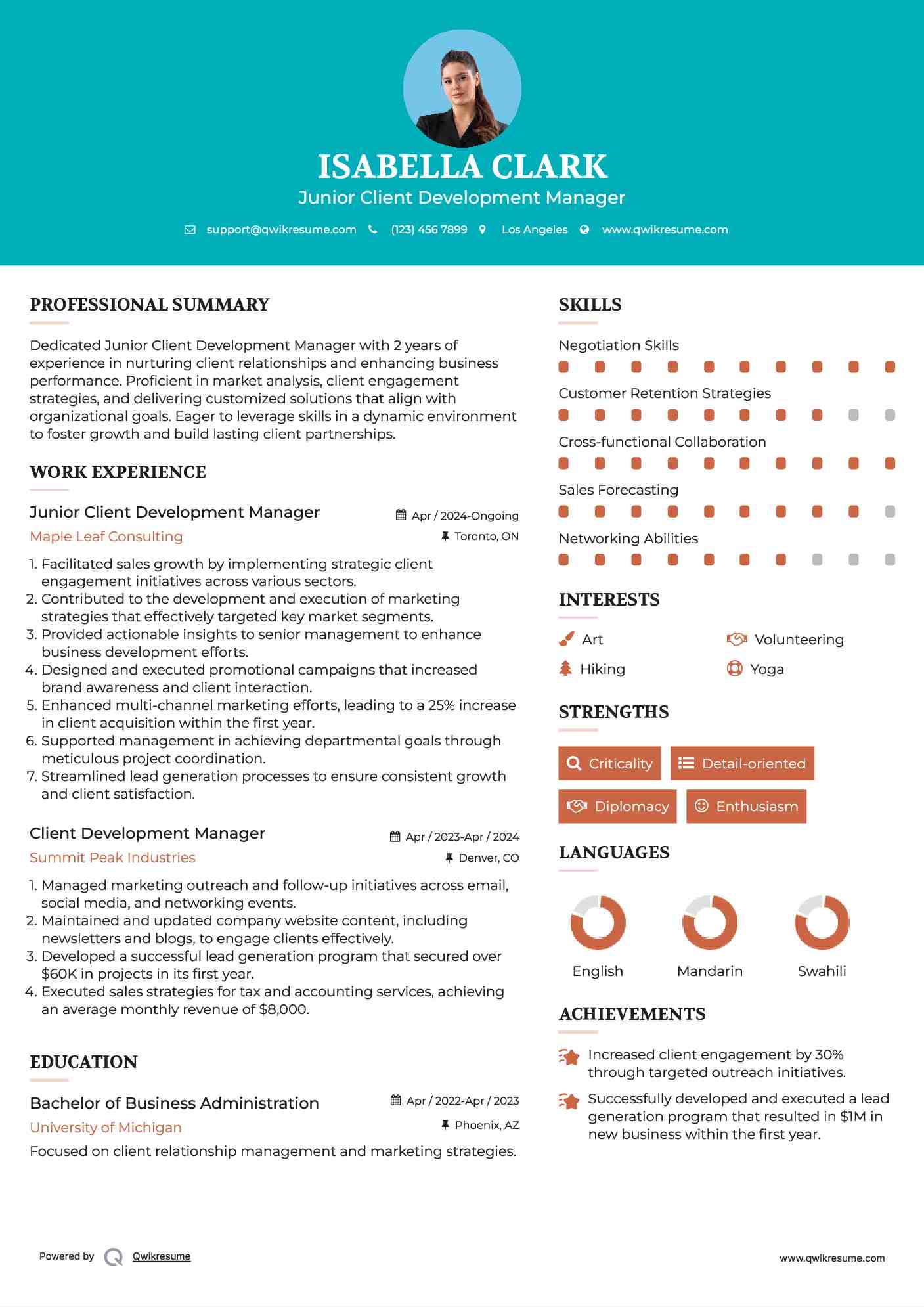 Junior Client Development Manager Resume Example