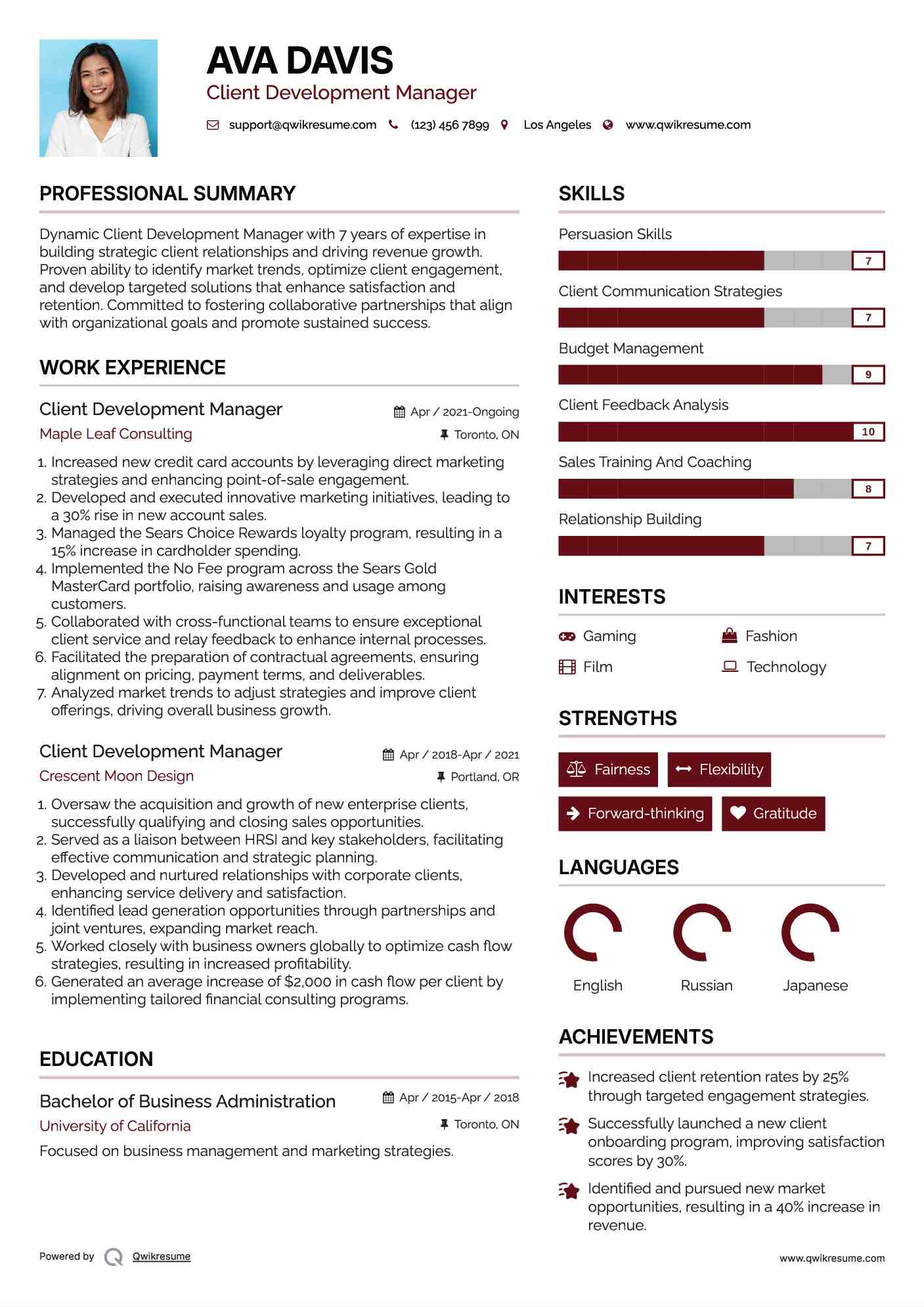 Client Development Manager Resume Template
