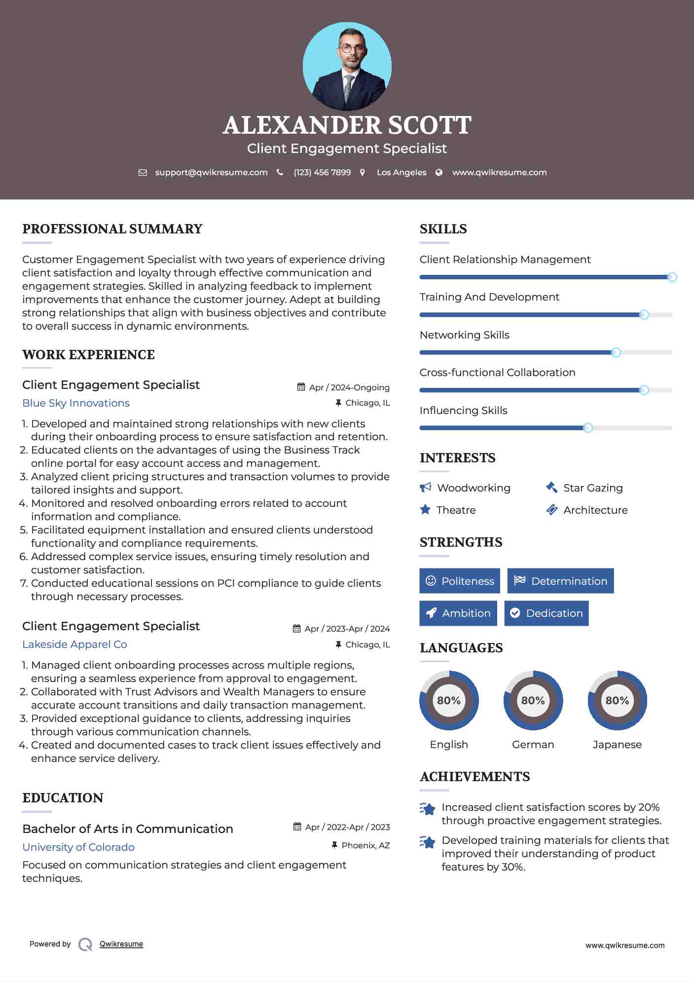 Client Engagement Specialist Resume Sample