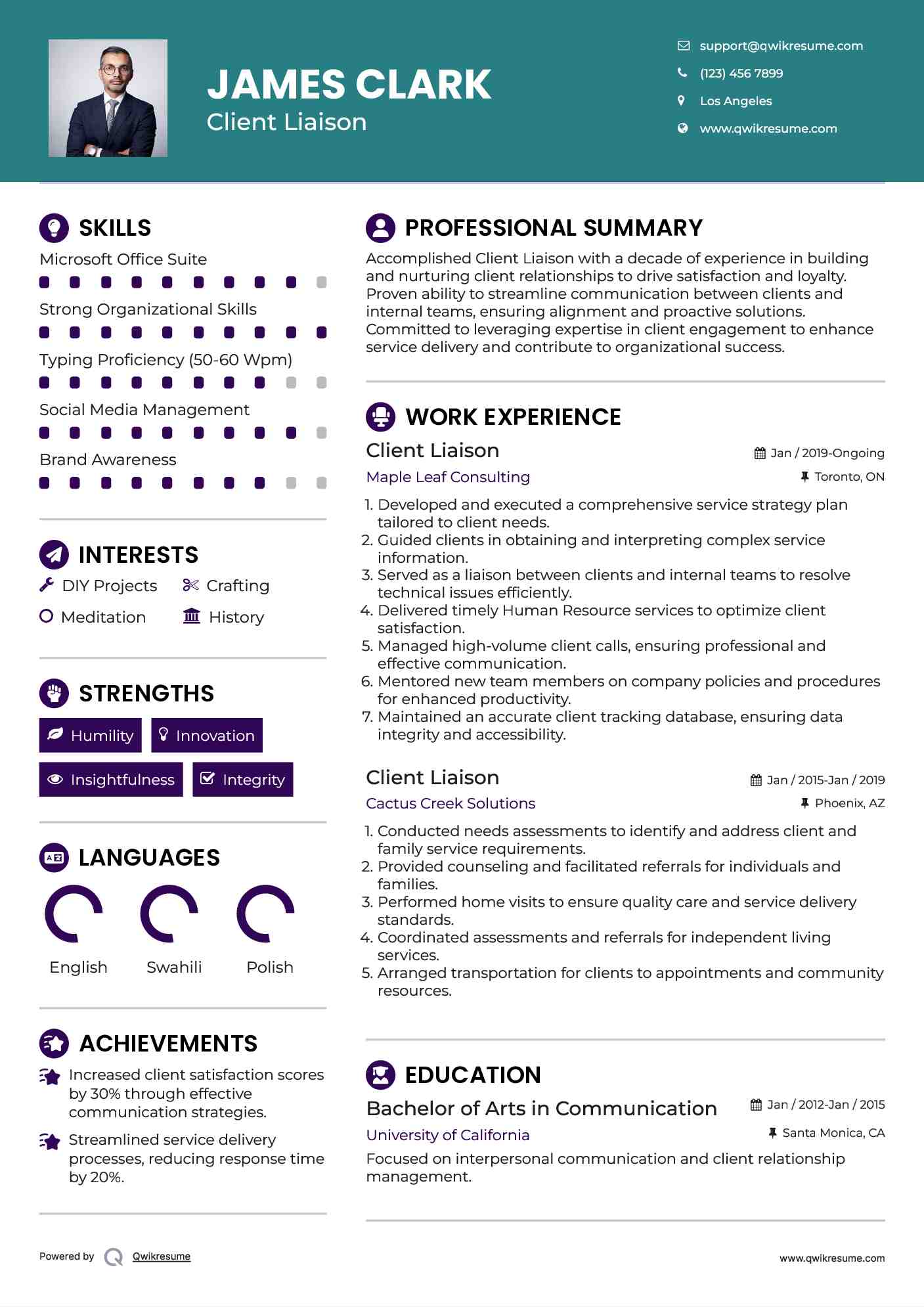 Client Liaison  Resume Sample