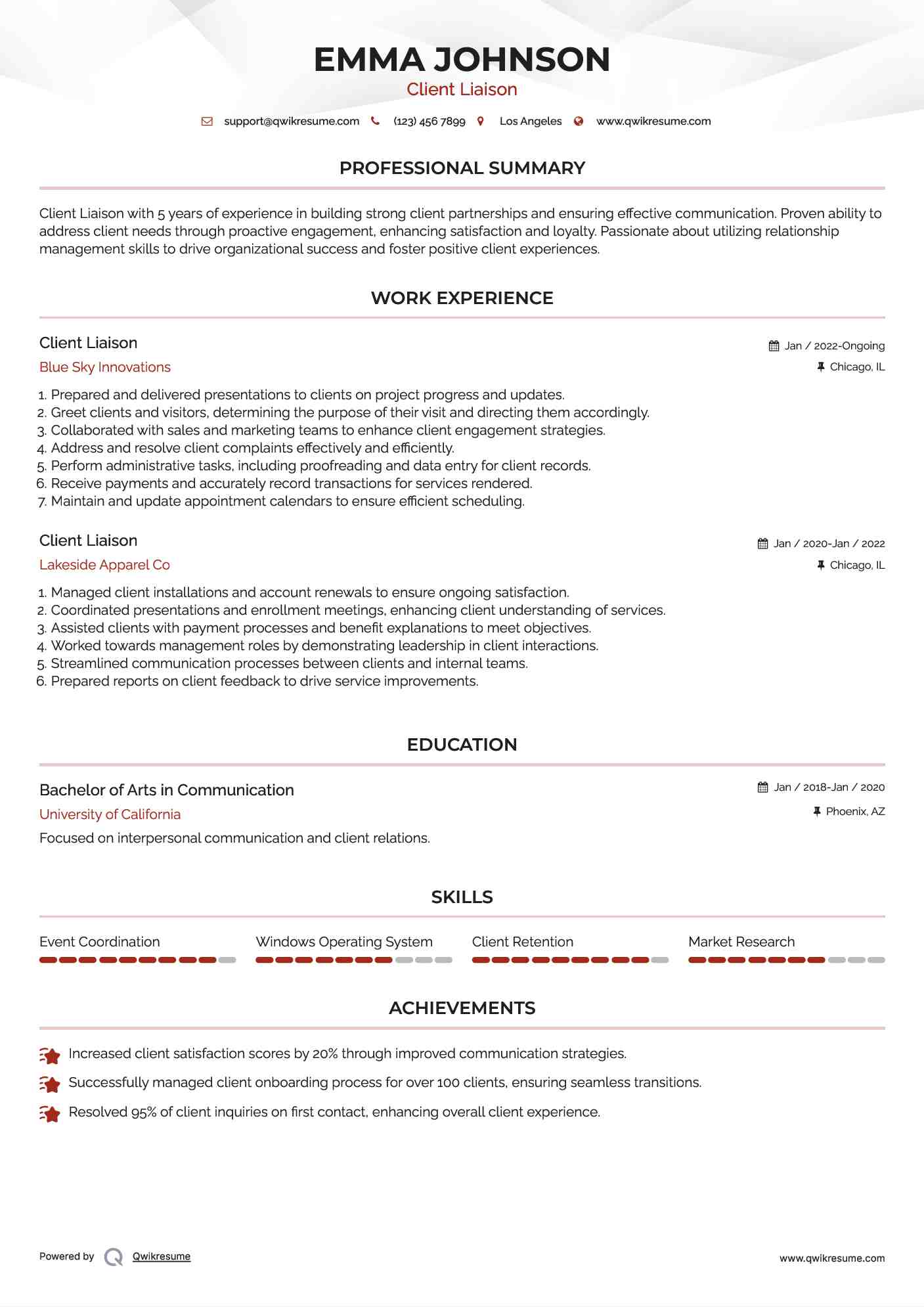 Client Liaison Resume Template