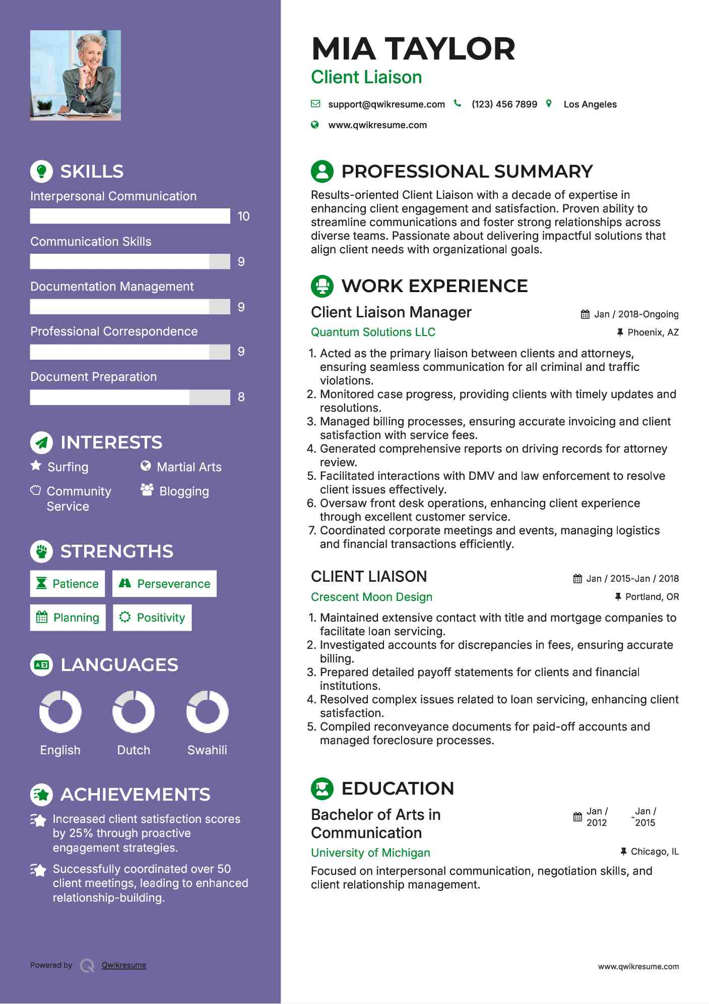 Client Liaison Manager Resume Model