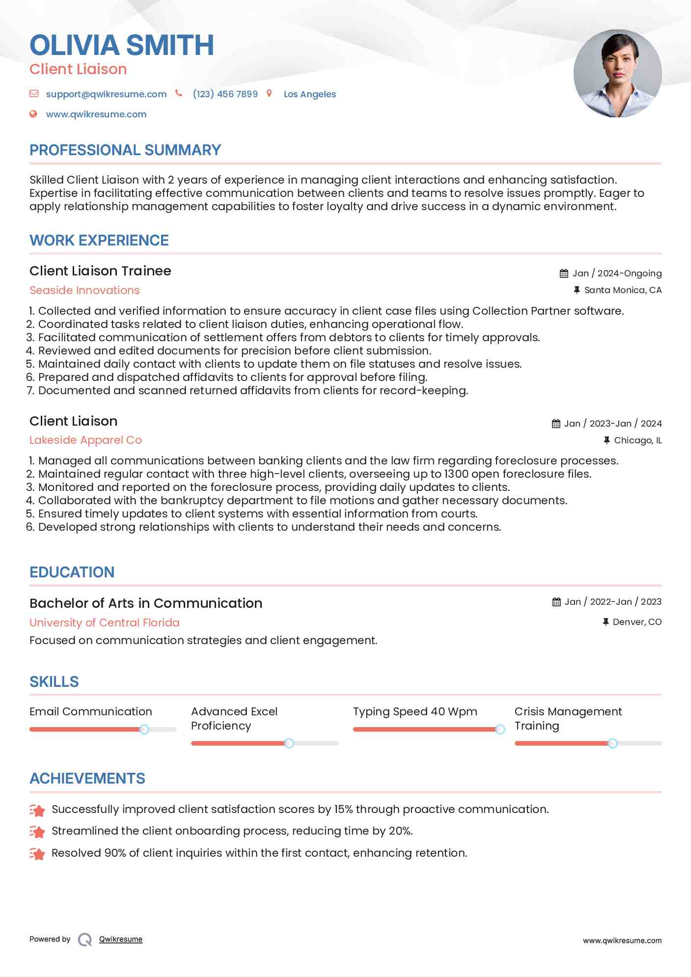 Client Liaison Trainee Resume Sample