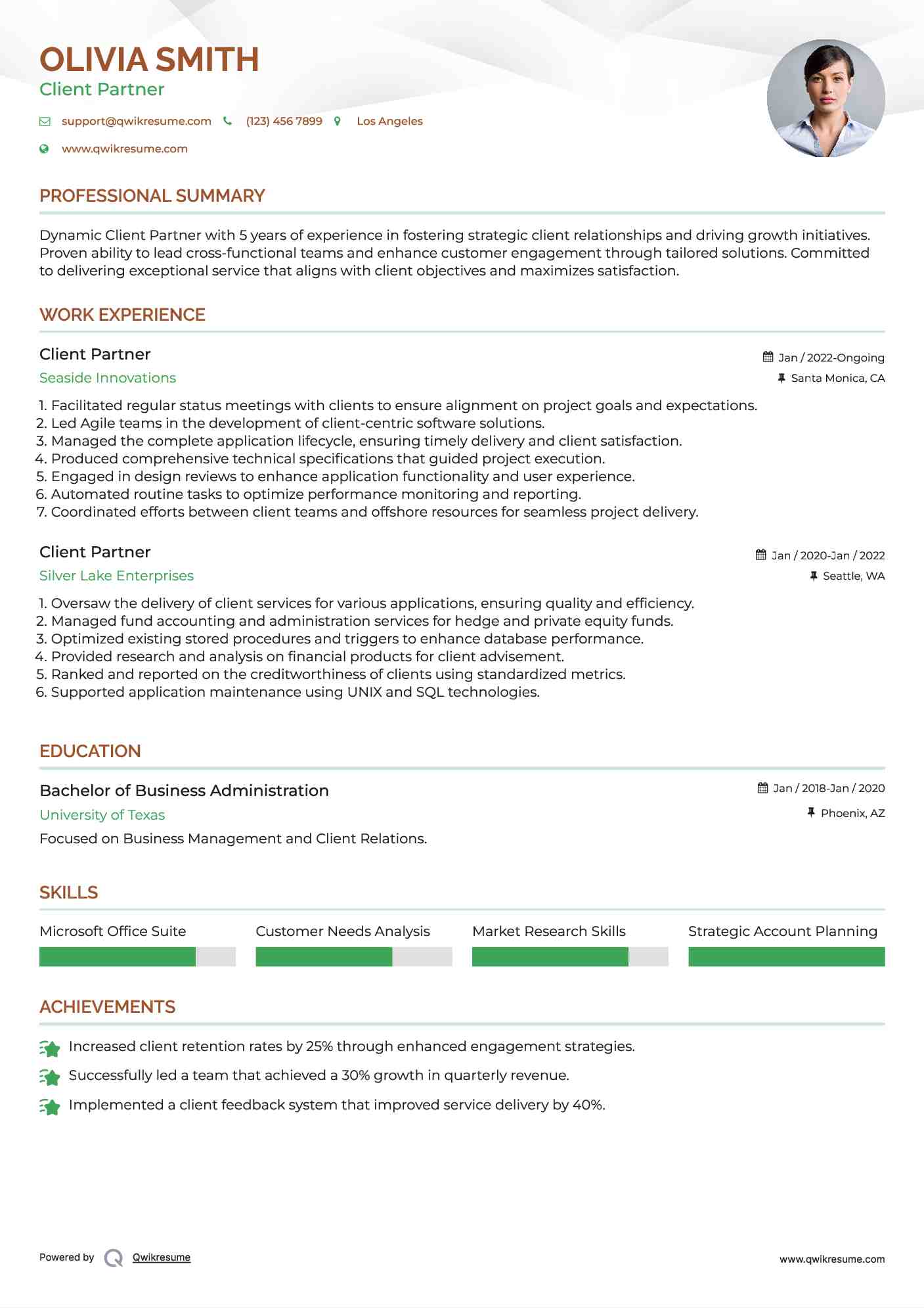 Client Partner Resume Example