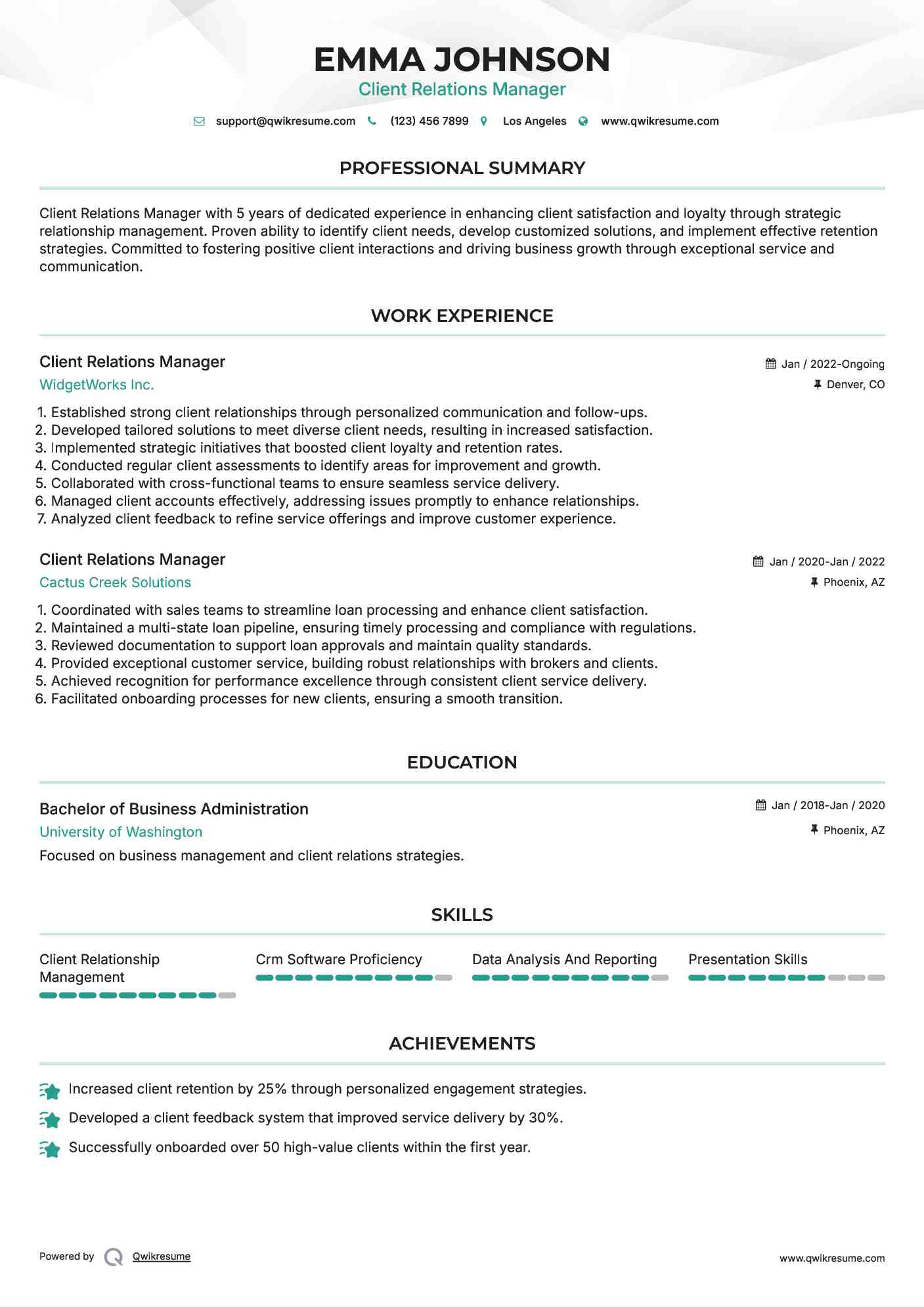 Client Relations Manager Resume Model