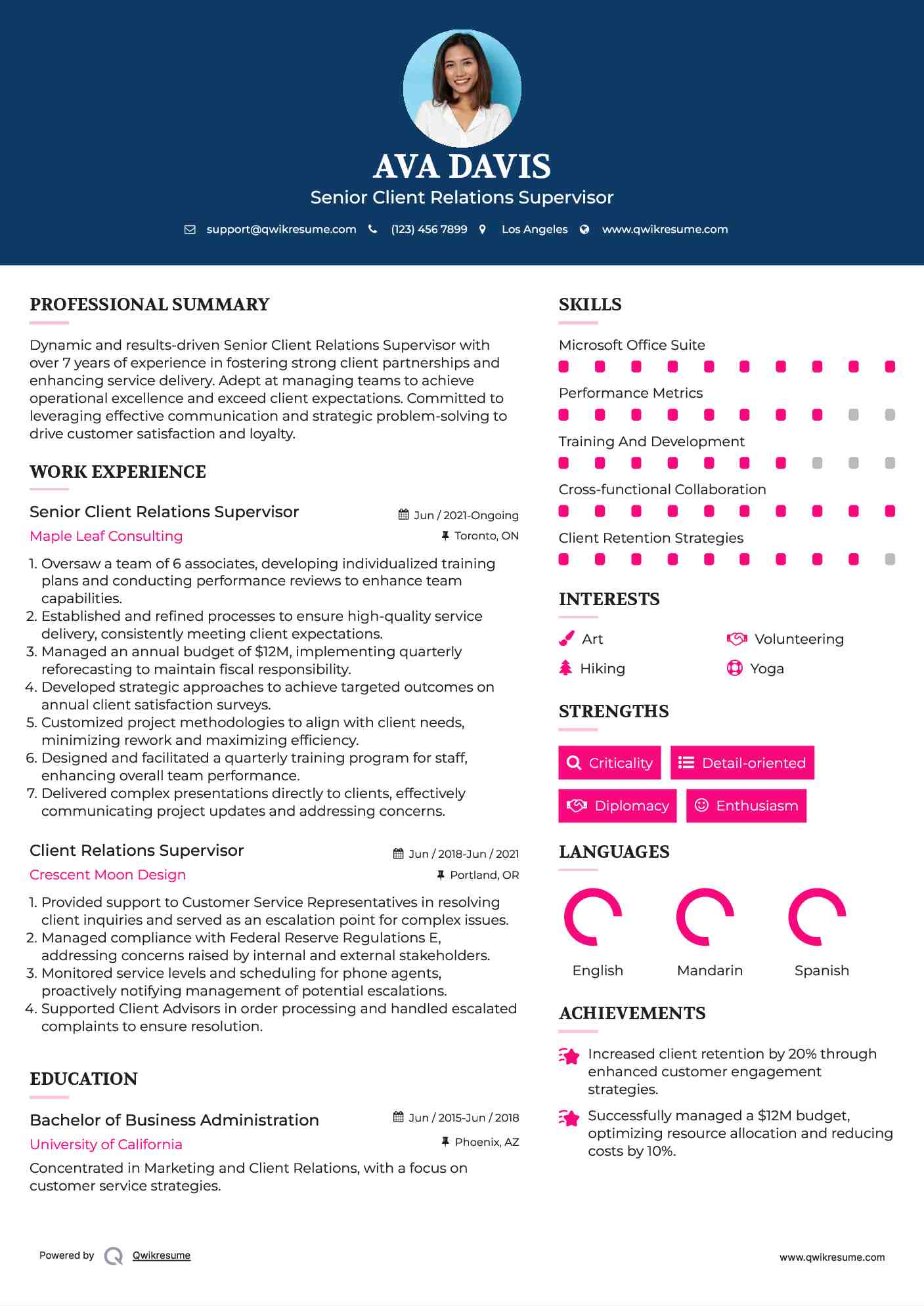 Senior Client Relations Supervisor Resume Example