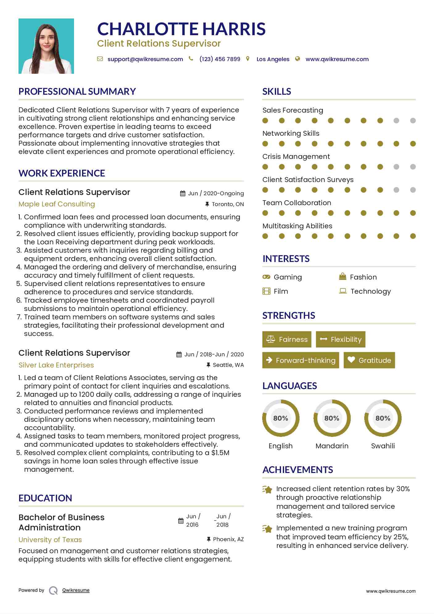 Client Relations Supervisor Resume Model