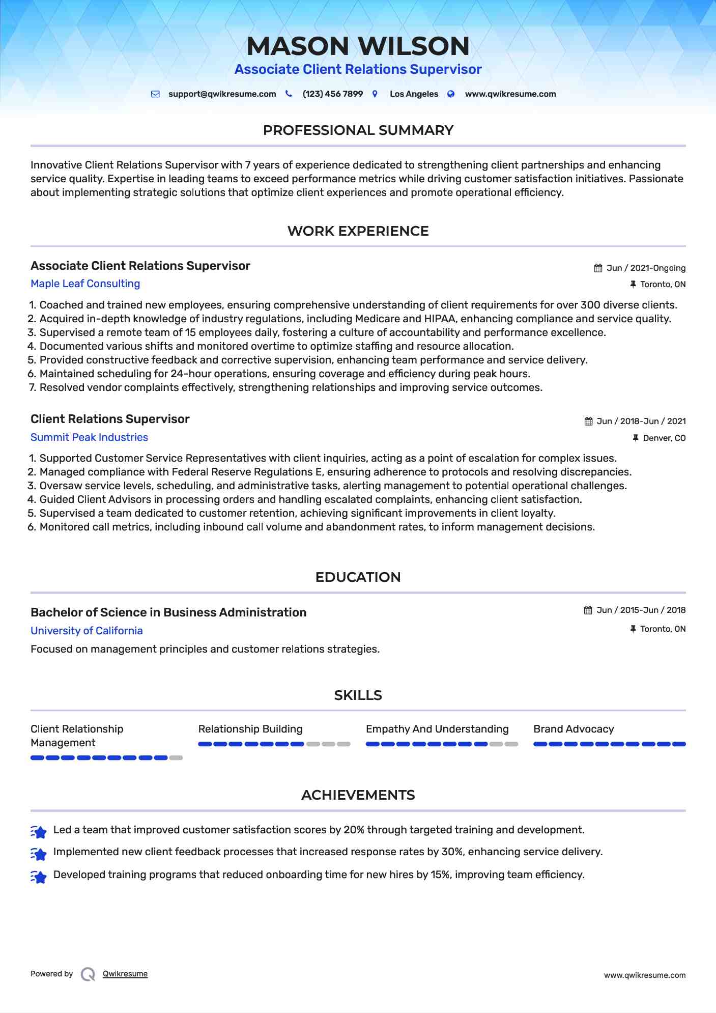 Associate Client Relations Supervisor Resume Example