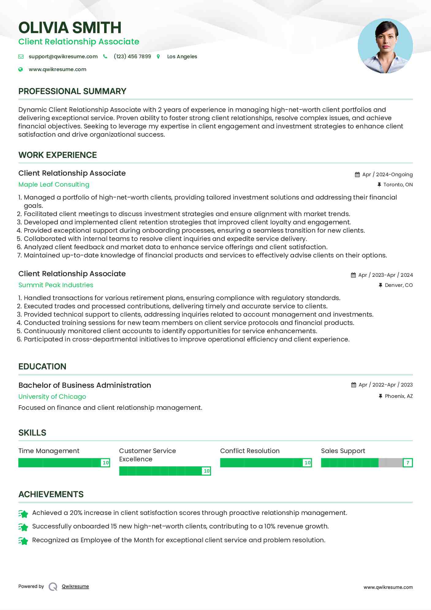 Client Relationship Associate Resume Model