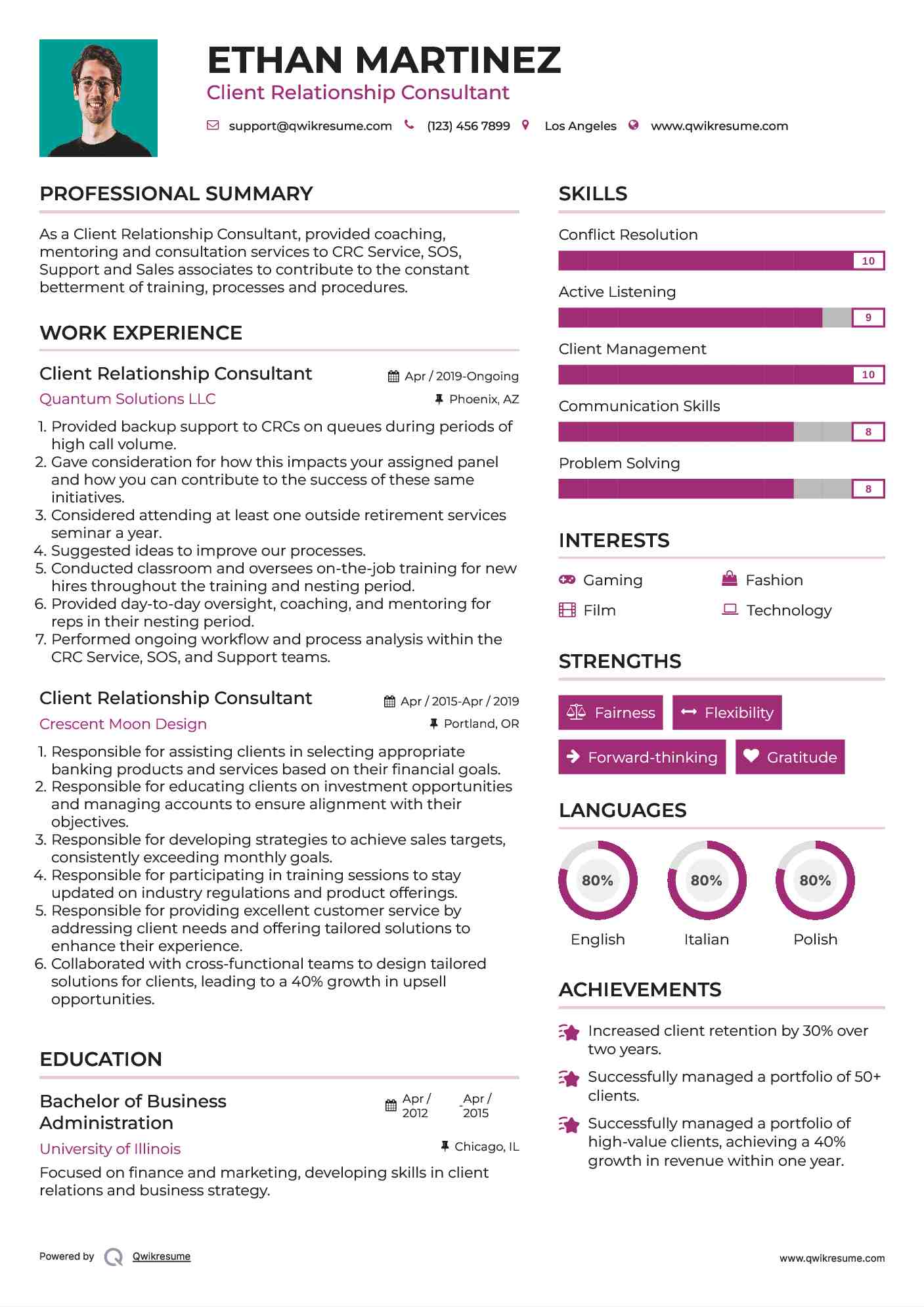 Client Relationship Consultant Resume Example