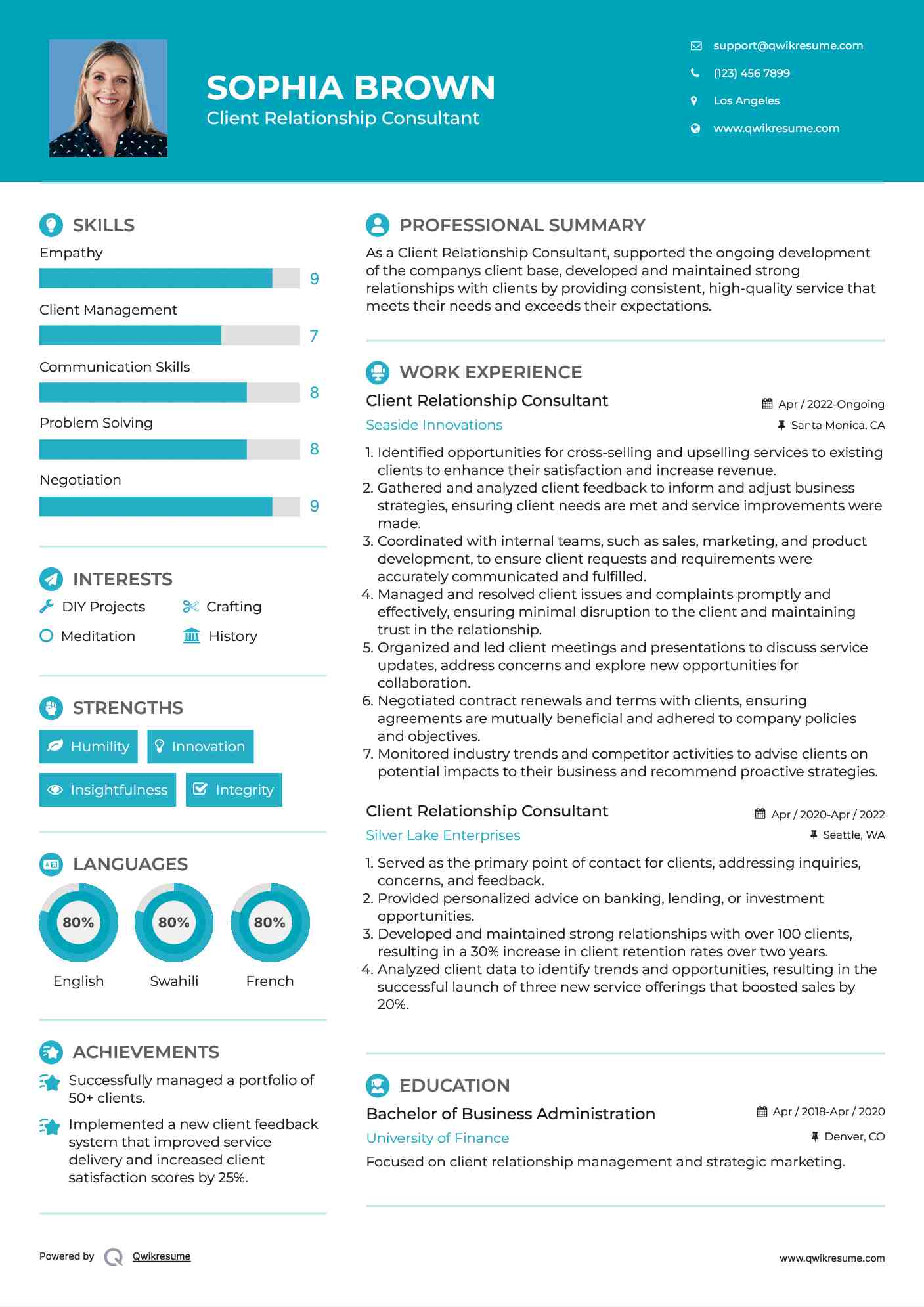 Client Relationship Consultant Resume Example