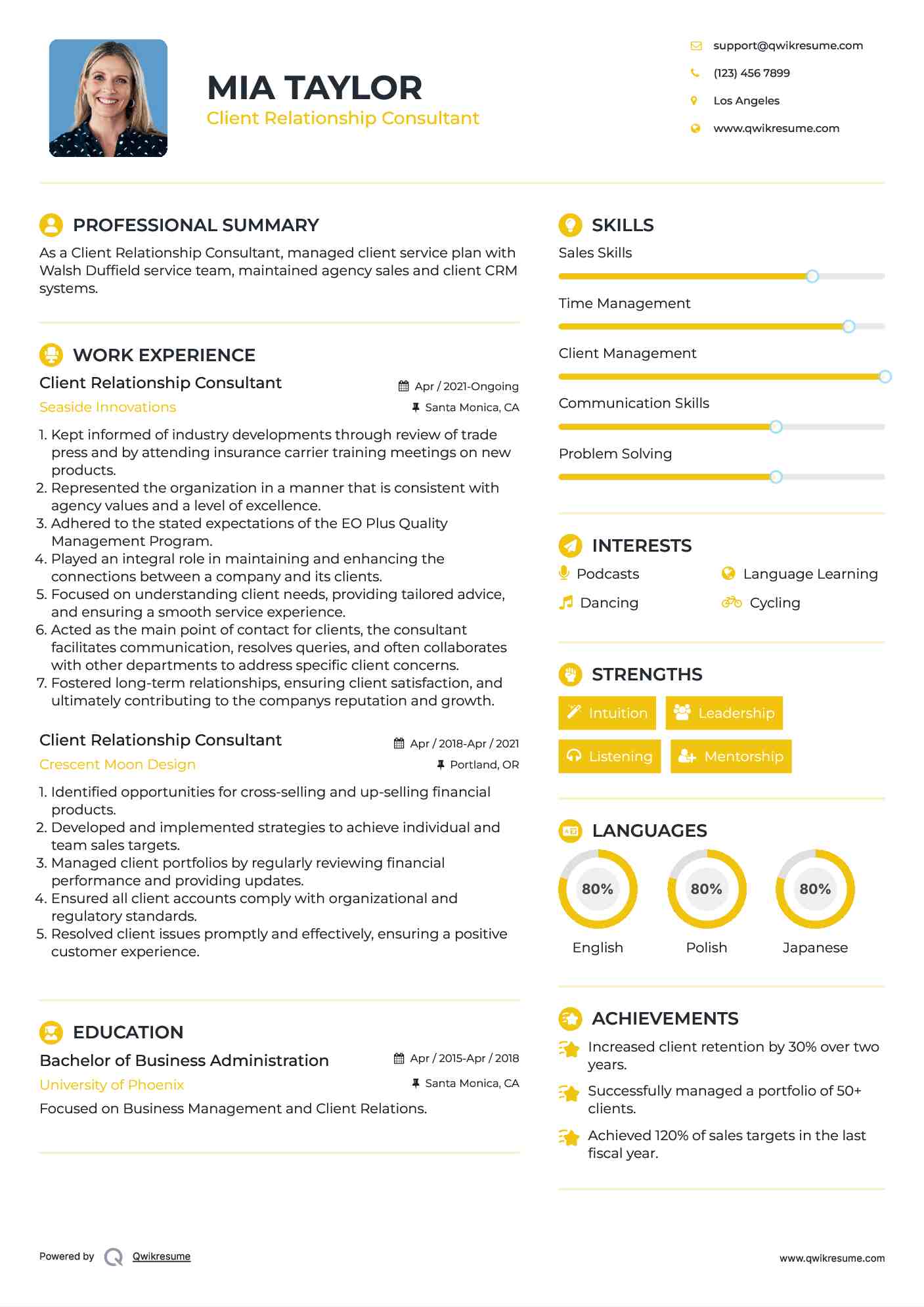 Client Relationship Consultant Resume Example