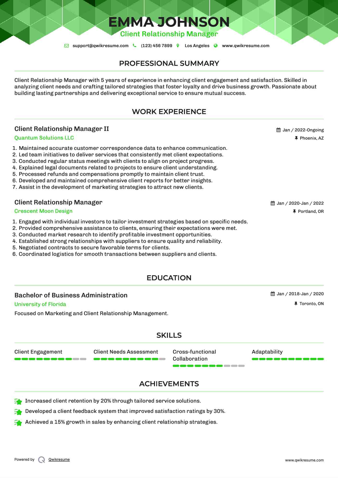 Client Relationship Manager II Resume Example