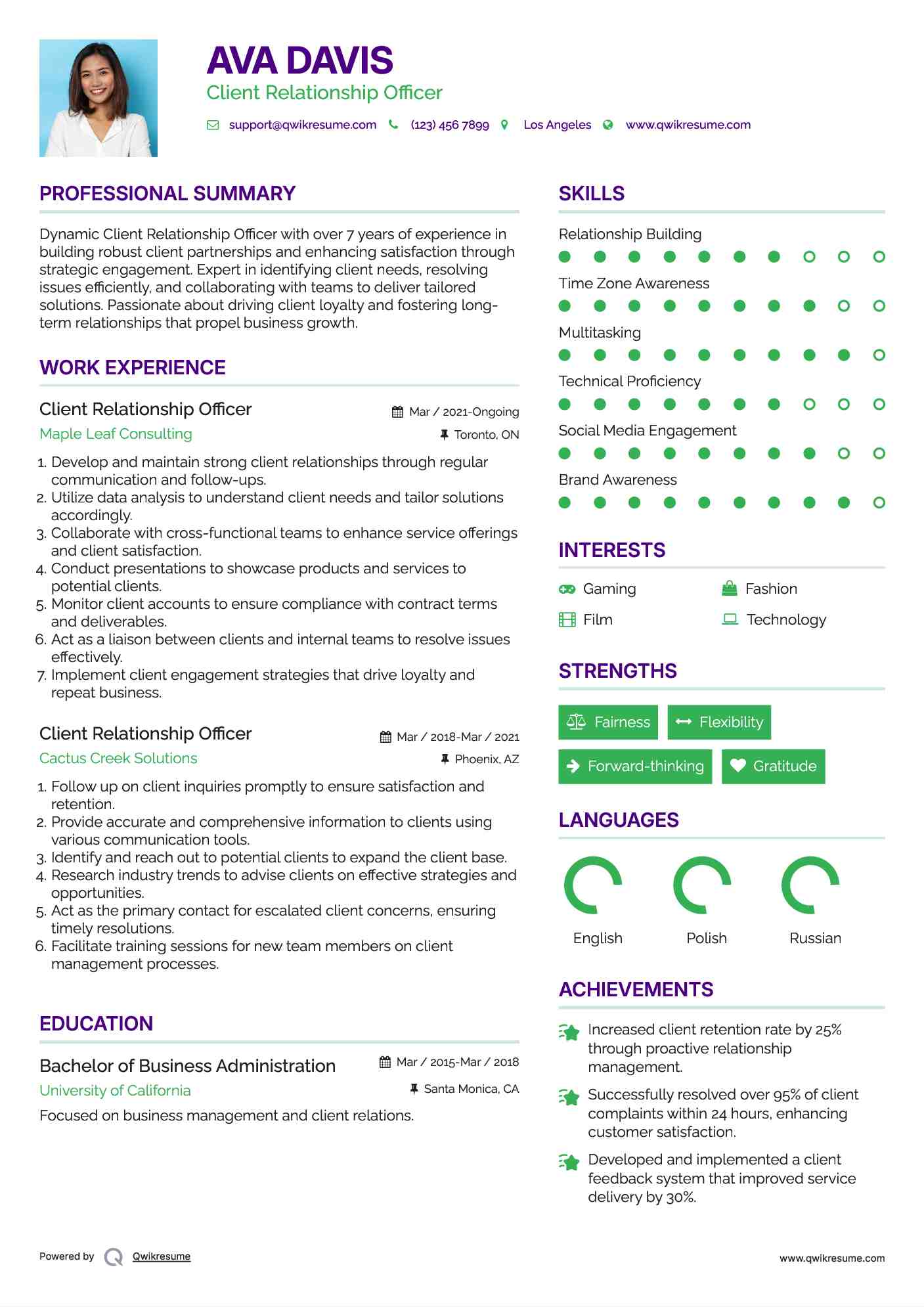 Client Relationship Officer Resume Example