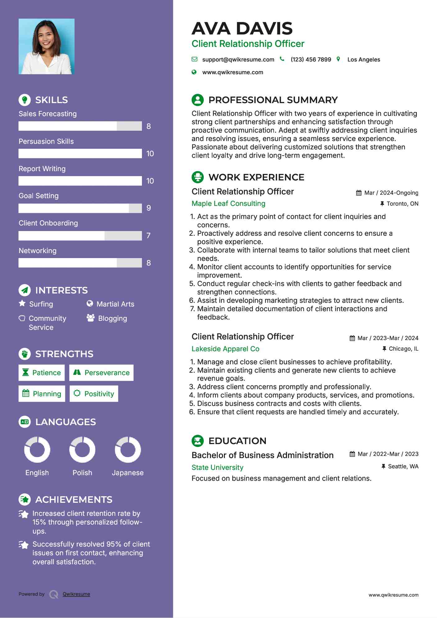Client Relationship Officer Resume Model