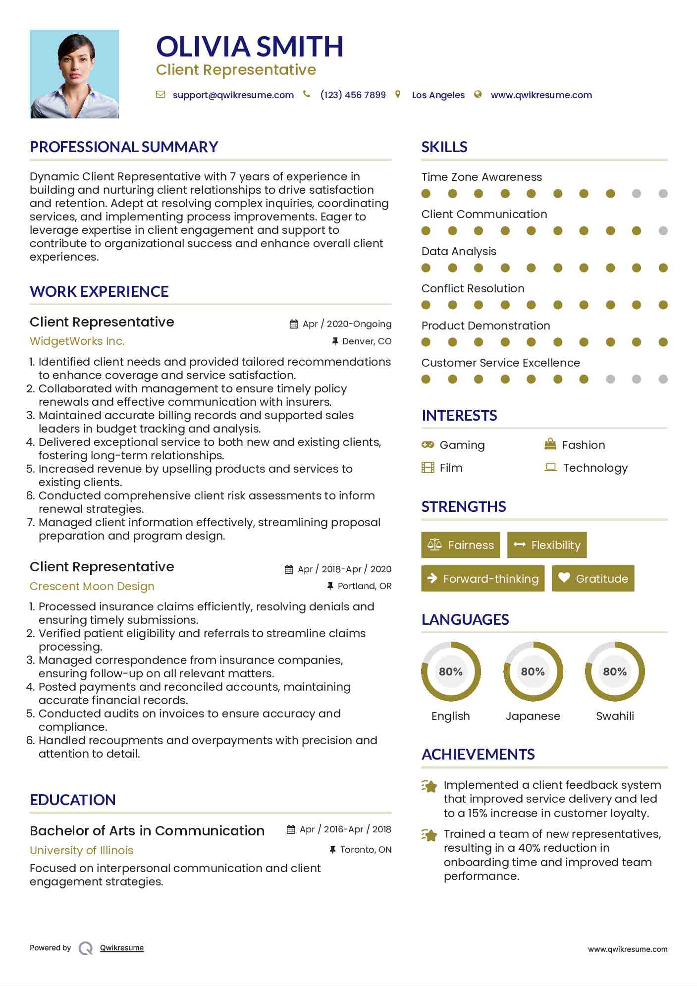 Client Representative Resume Example