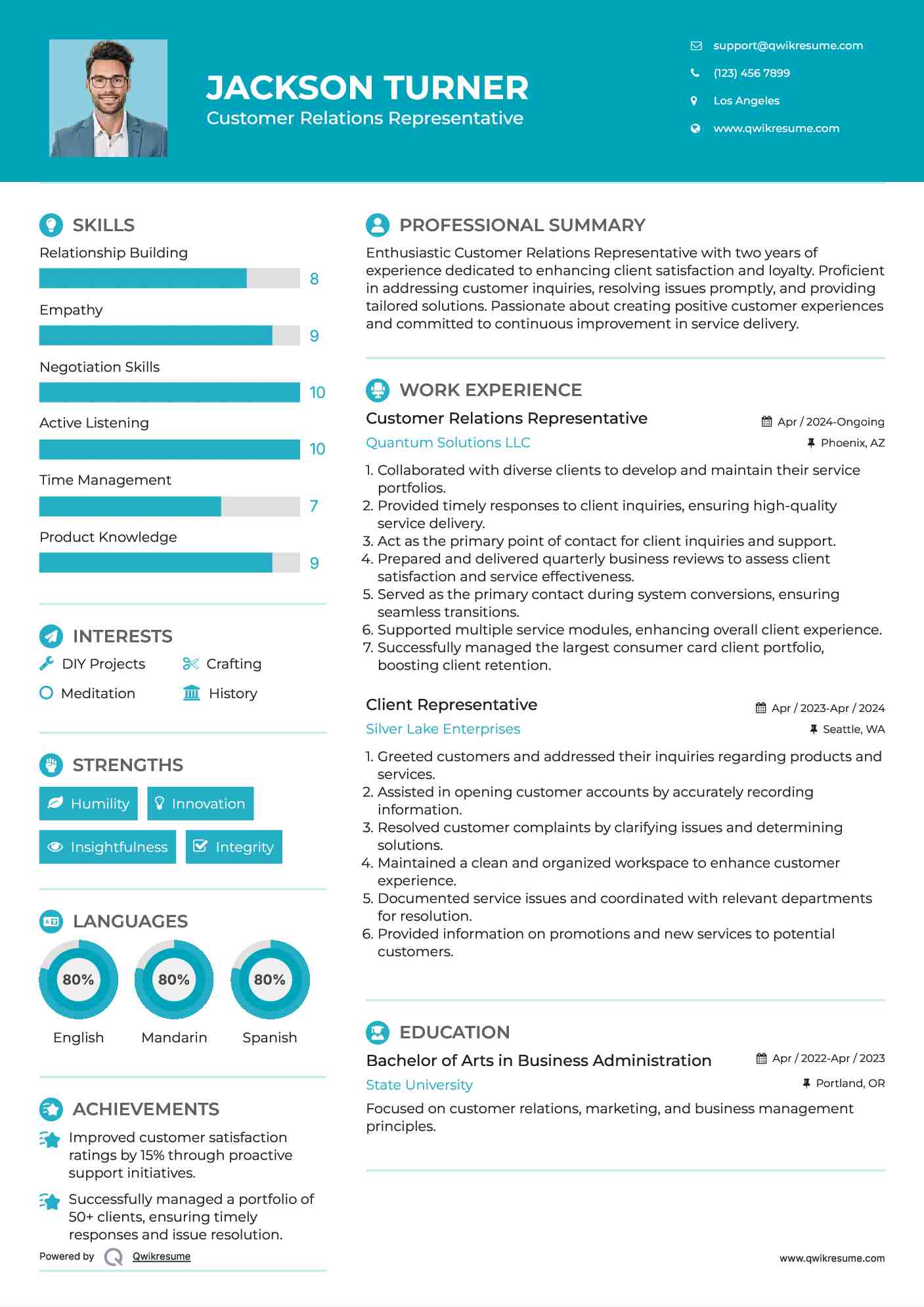 Customer Relations Representative Resume Example