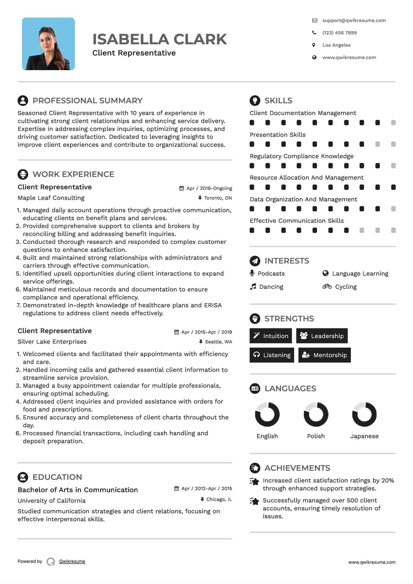 Client Representative Resume Model