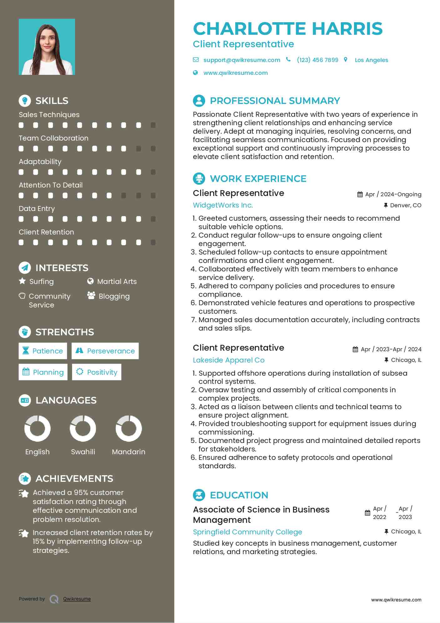 Client Representative Resume Format