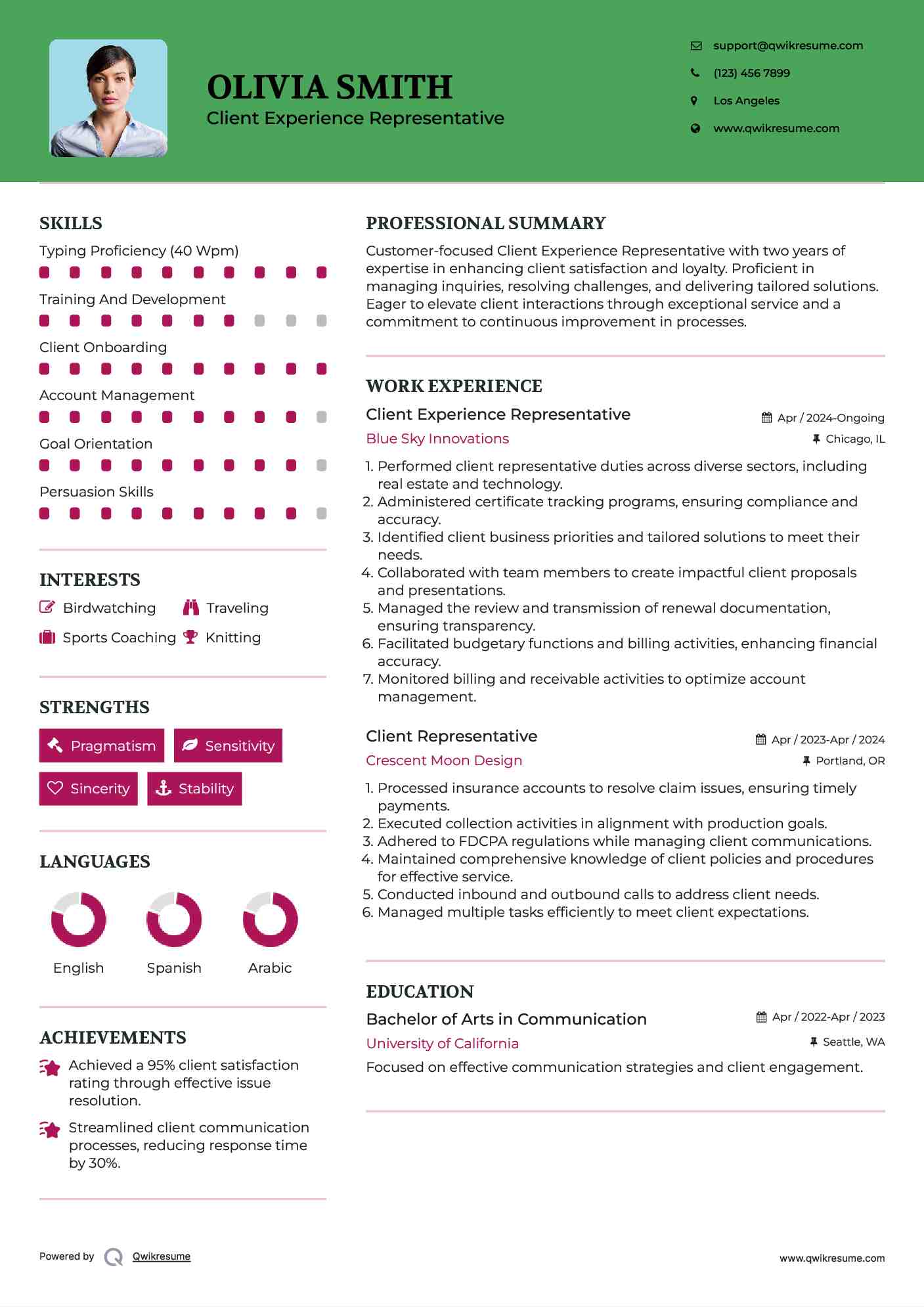 Client Experience Representative Resume Model