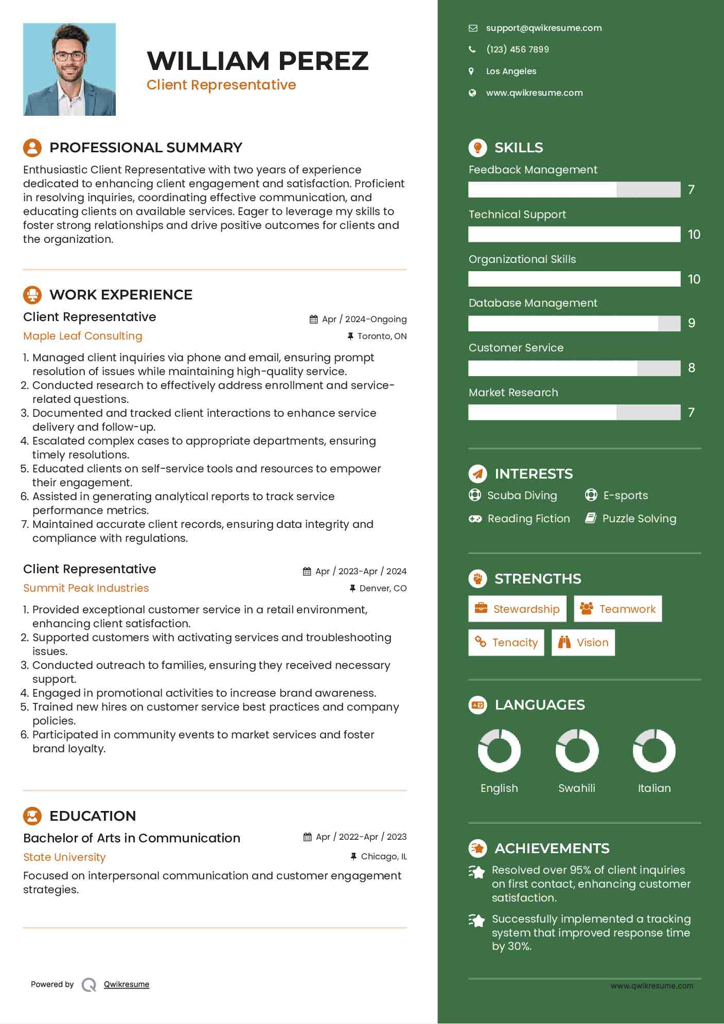 Client Representative Resume Model