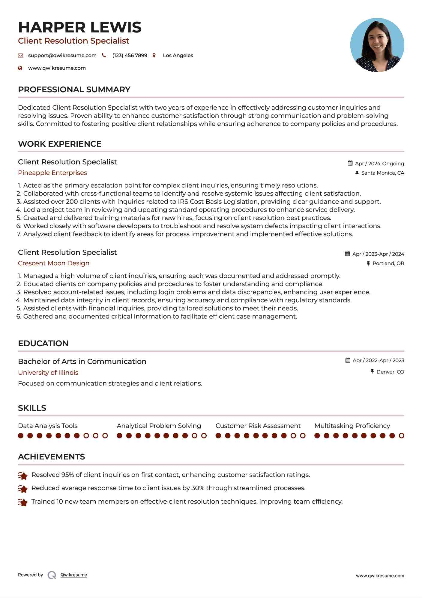 Client Resolution Specialist Resume Model