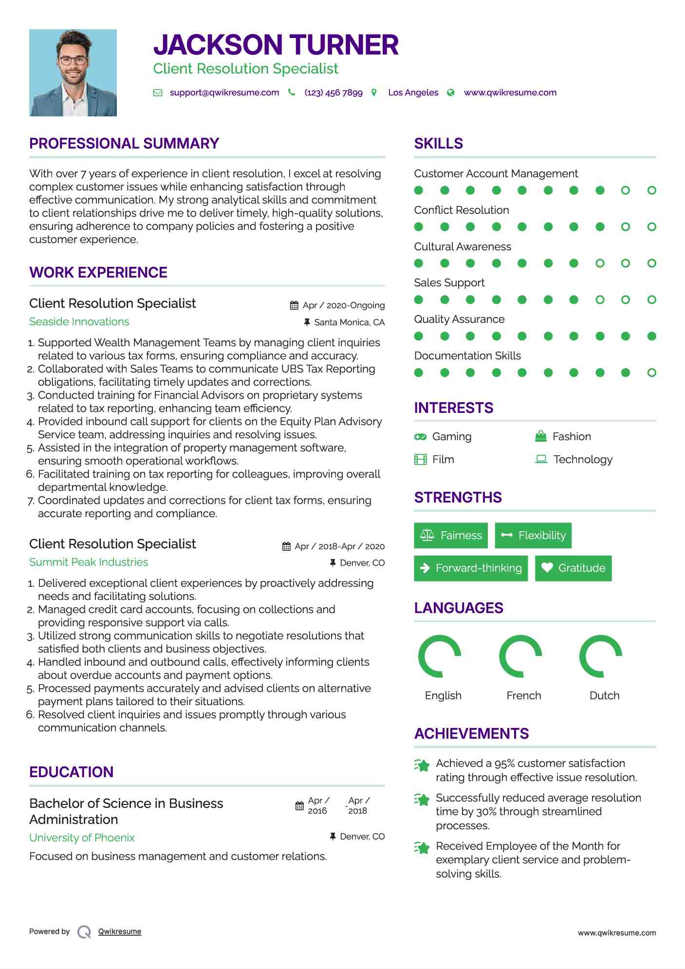Client Resolution Specialist Resume Template