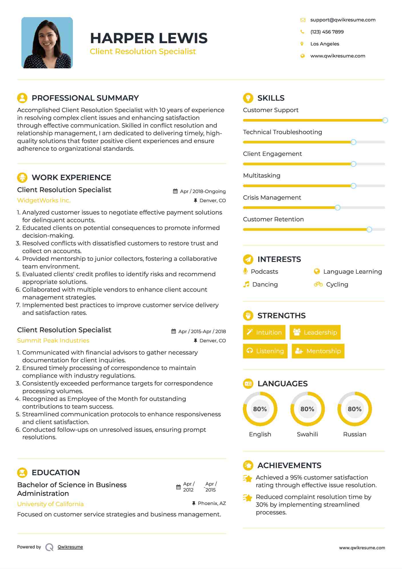 Client Resolution Specialist Resume Format