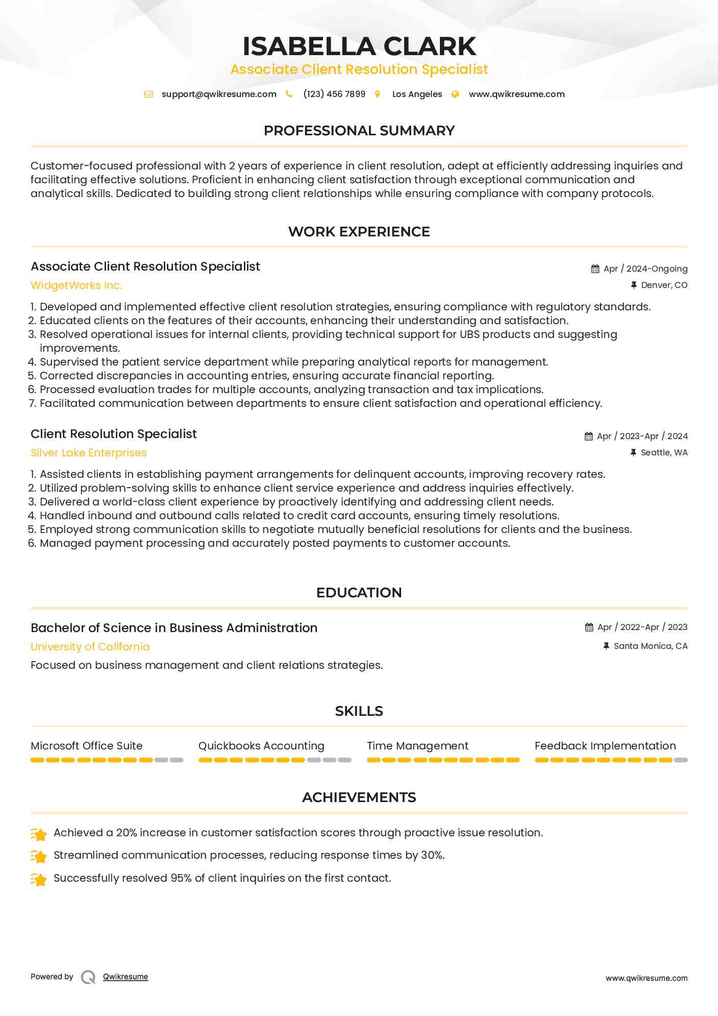 Associate Client Resolution Specialist Resume Model