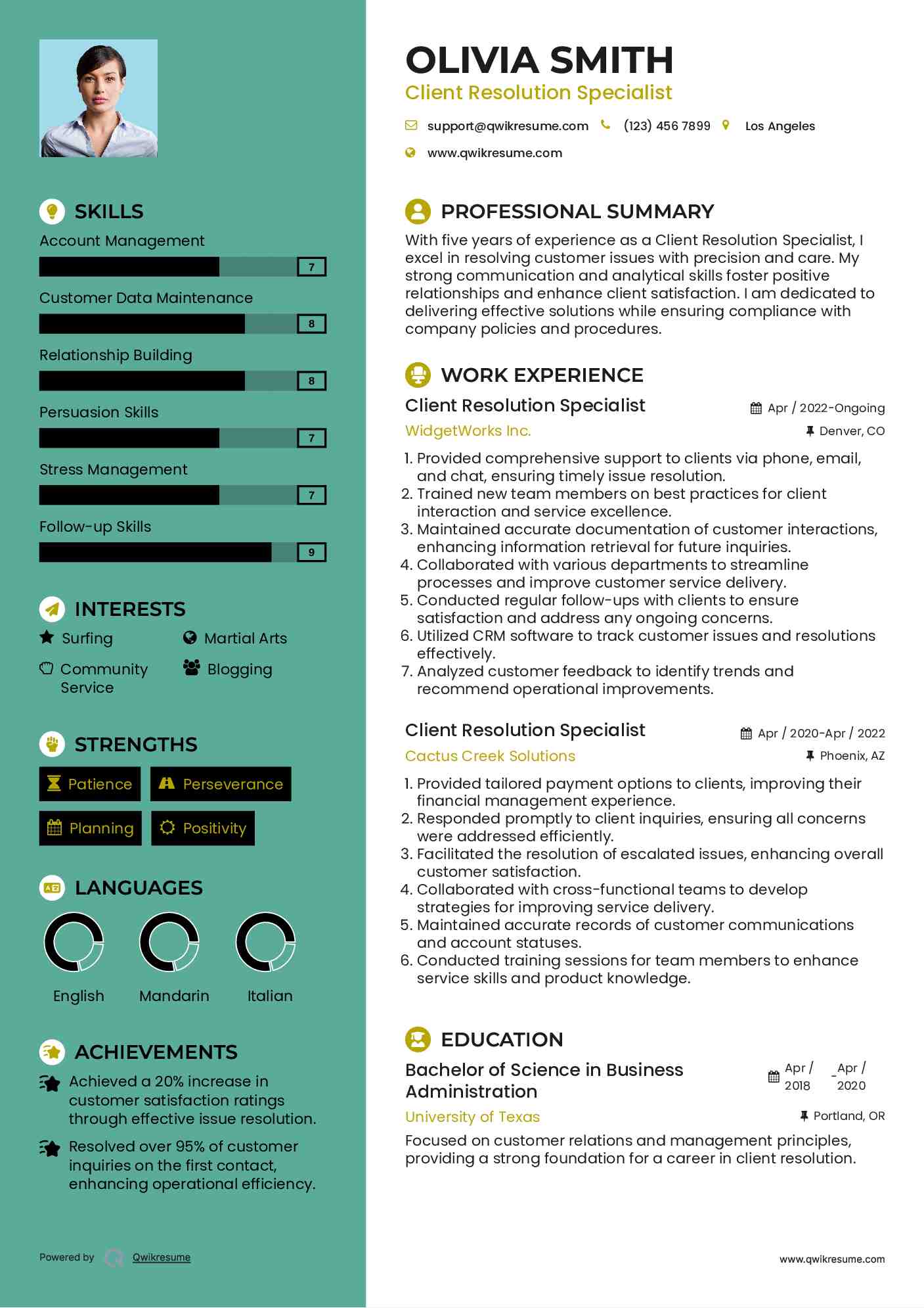 Client Resolution Specialist Resume Template