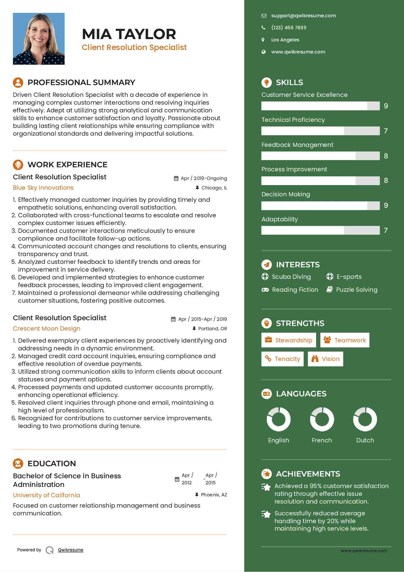 Client Resolution Specialist Resume Sample