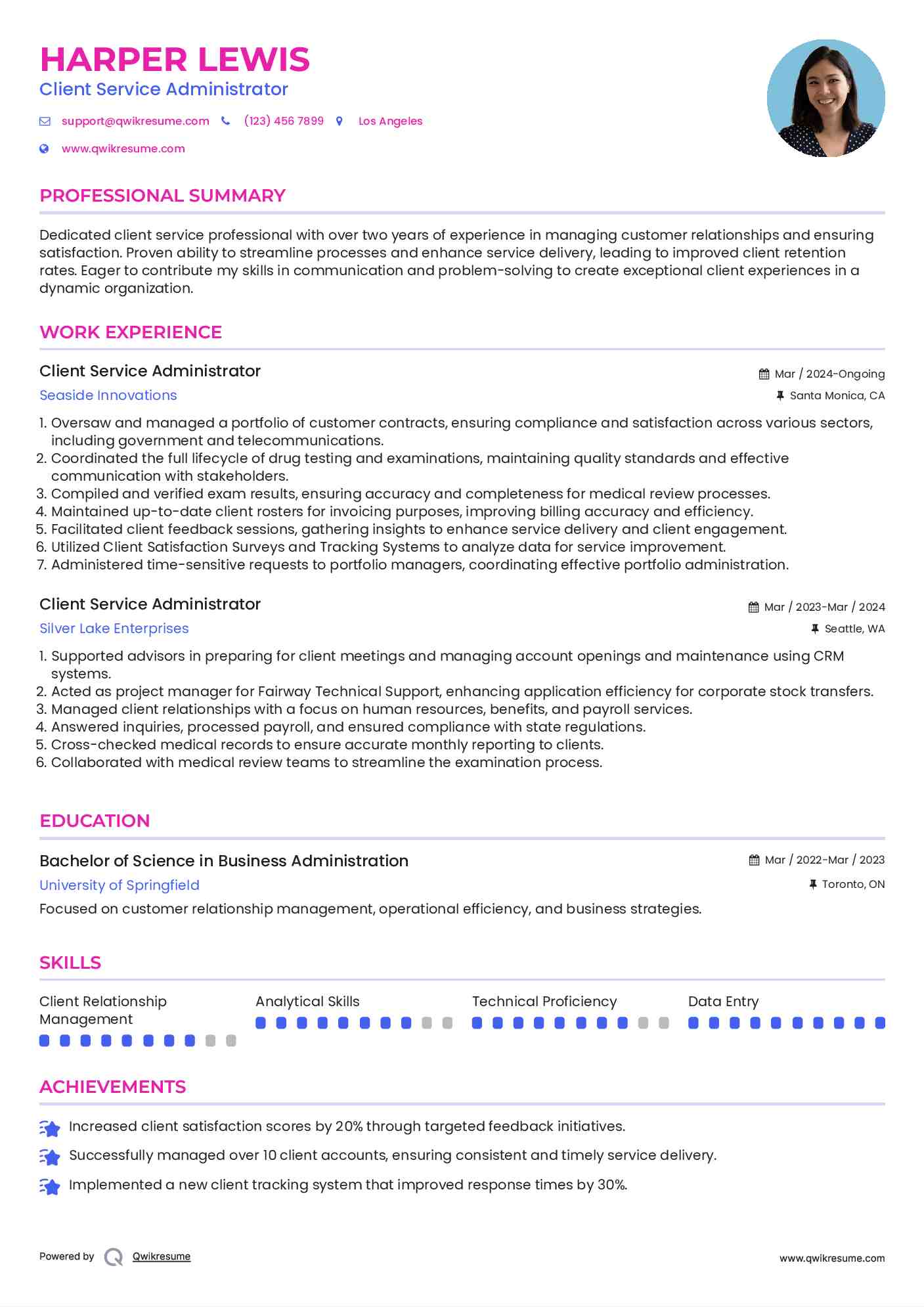 Client Service Administrator Resume Model