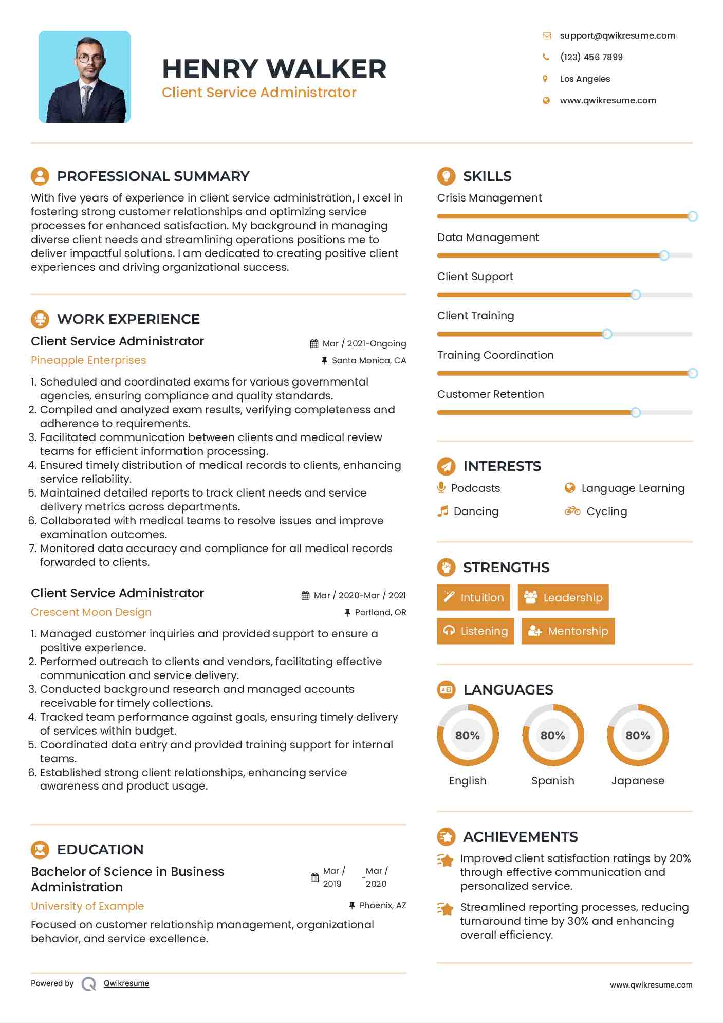Client Service Administrator Resume Template