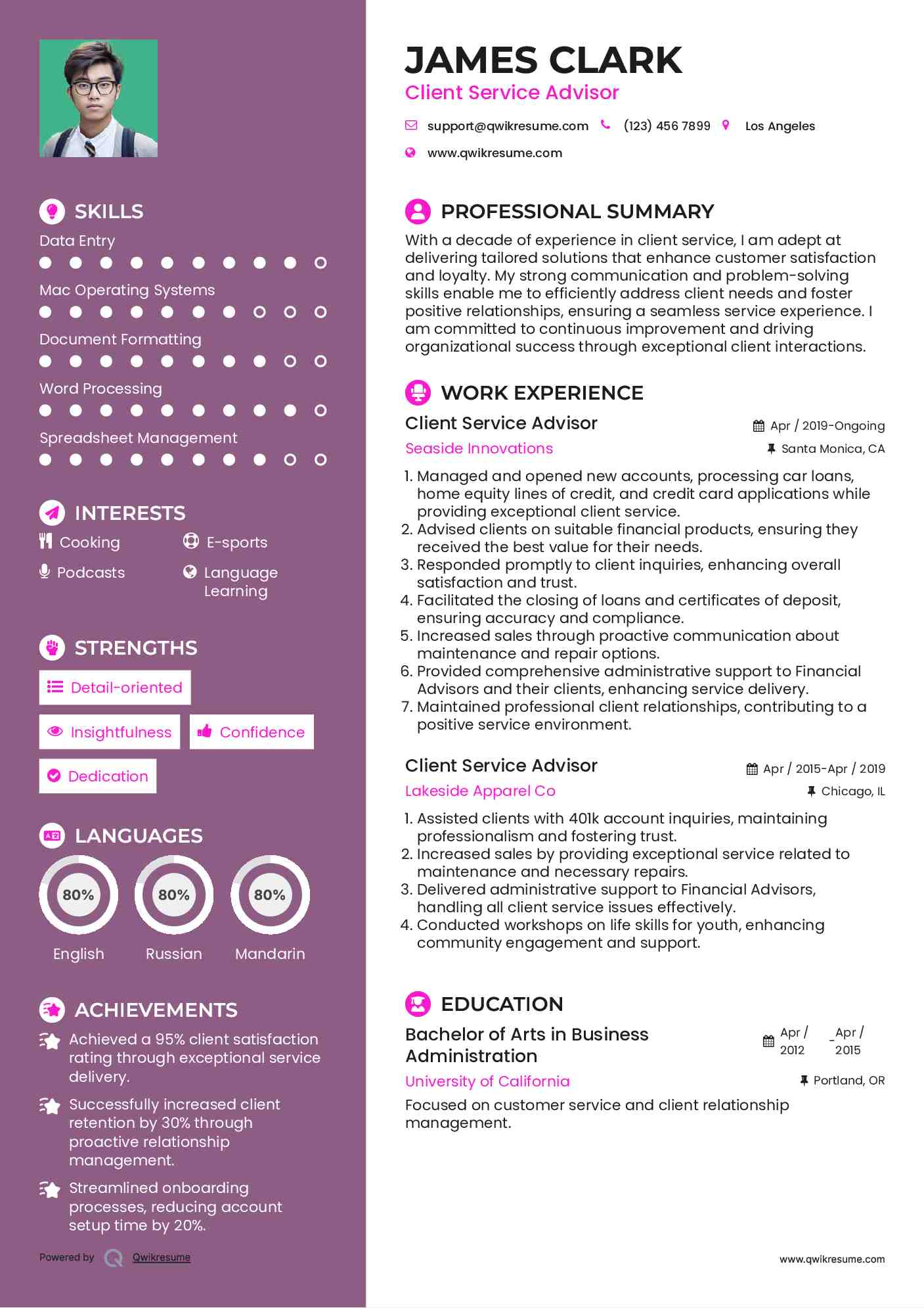 Client Service Advisor Resume Format