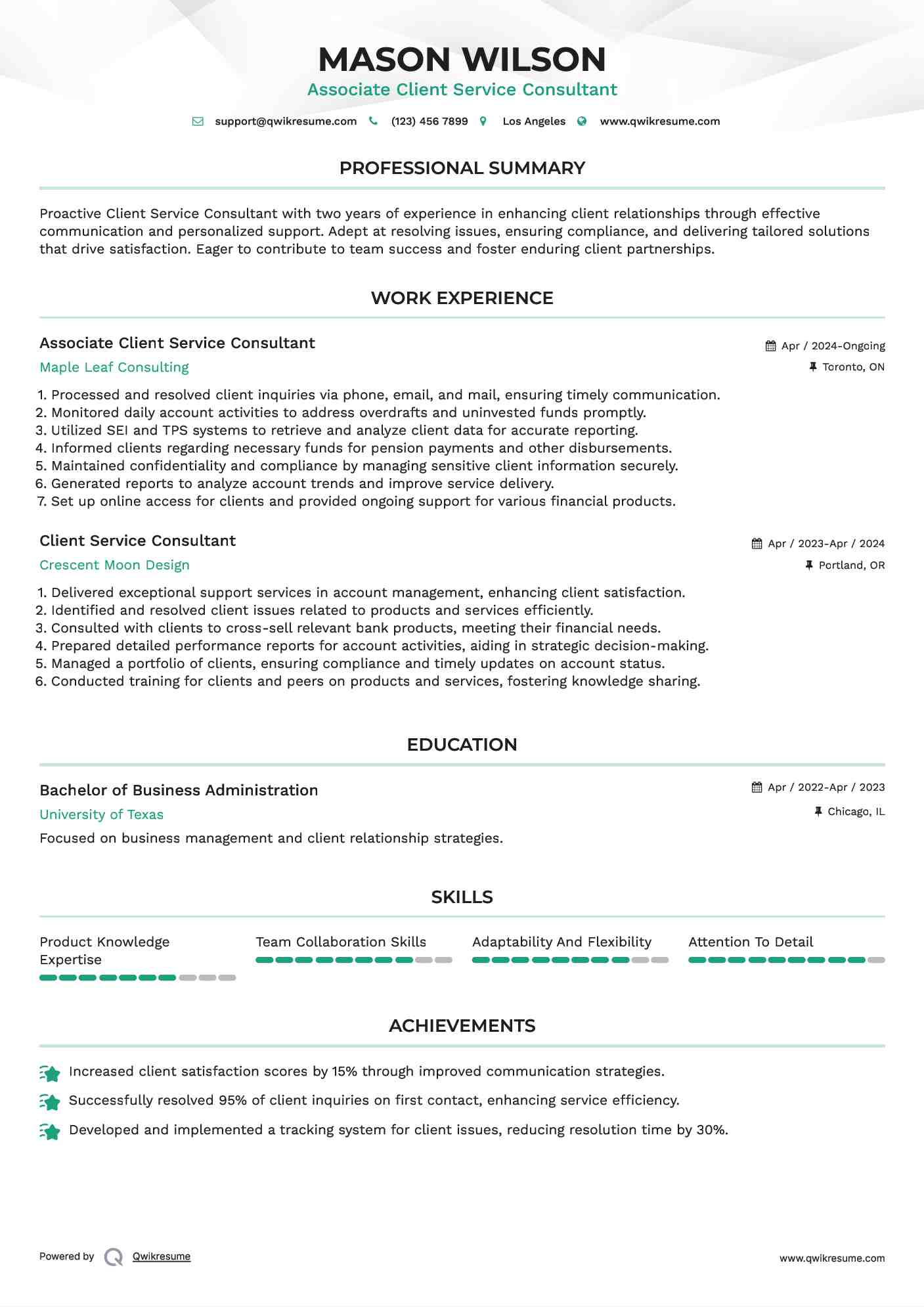 Associate Client Service Consultant Resume Template