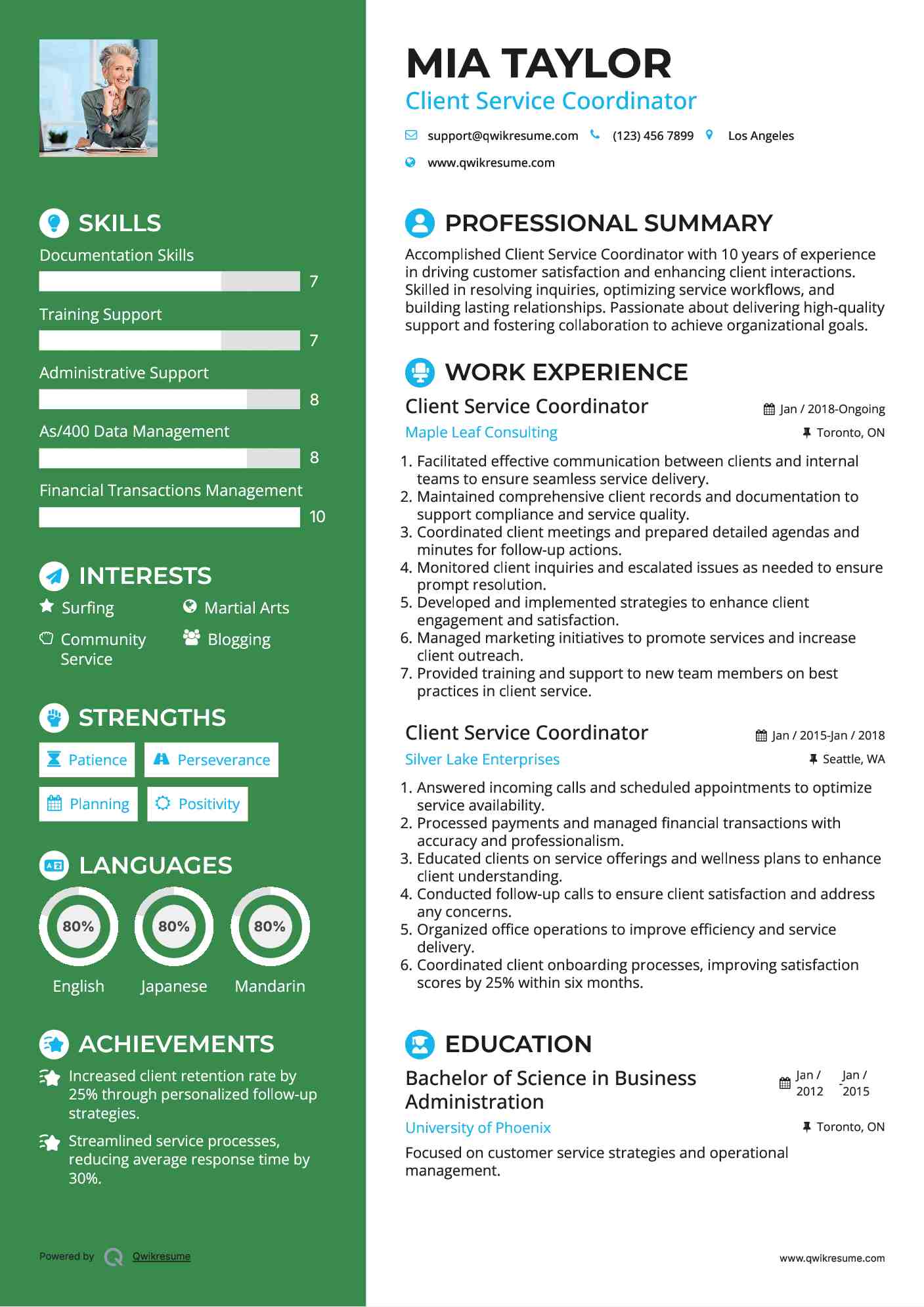 Client Service Coordinator Resume Template