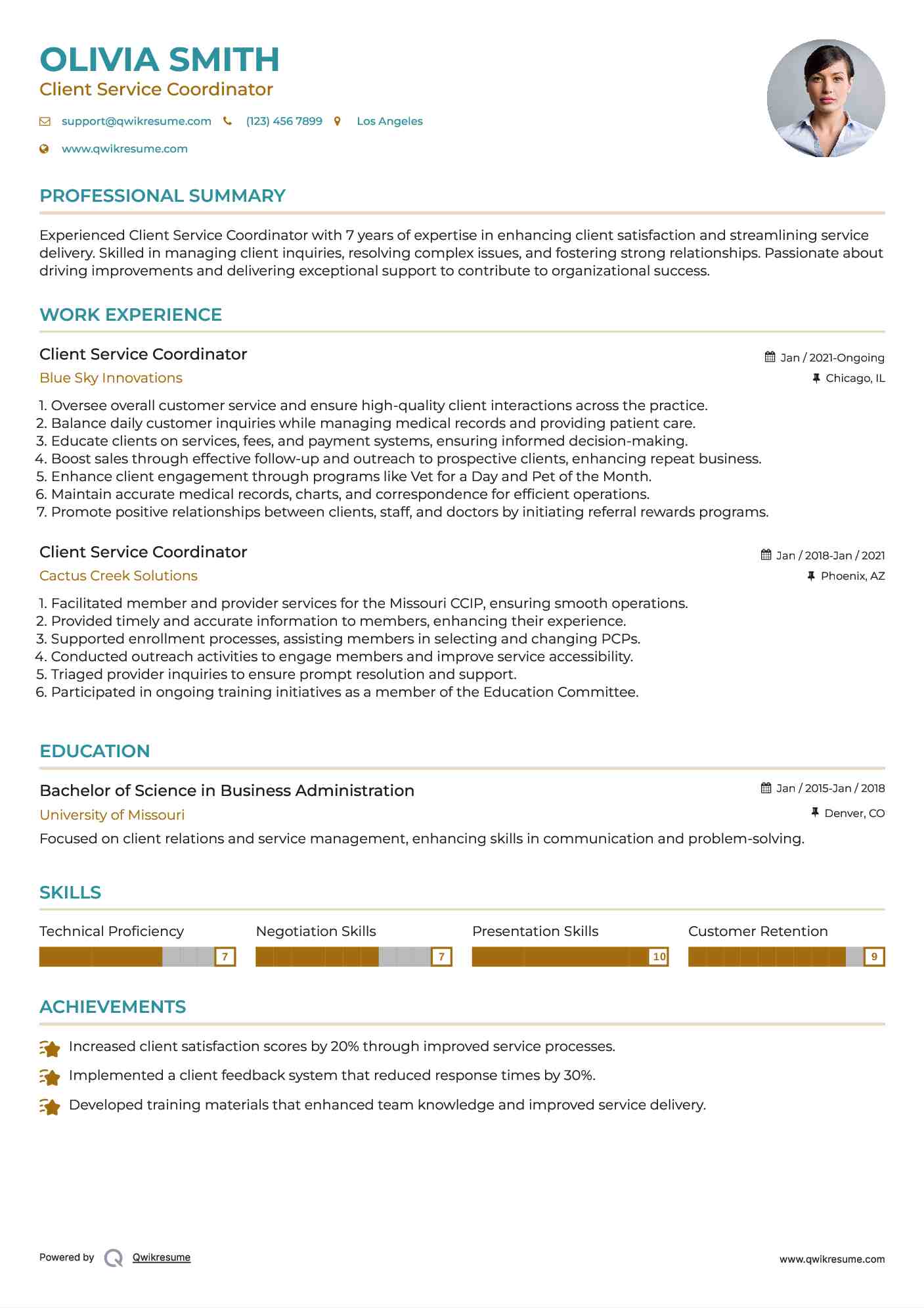 Client Service Coordinator  Resume Example