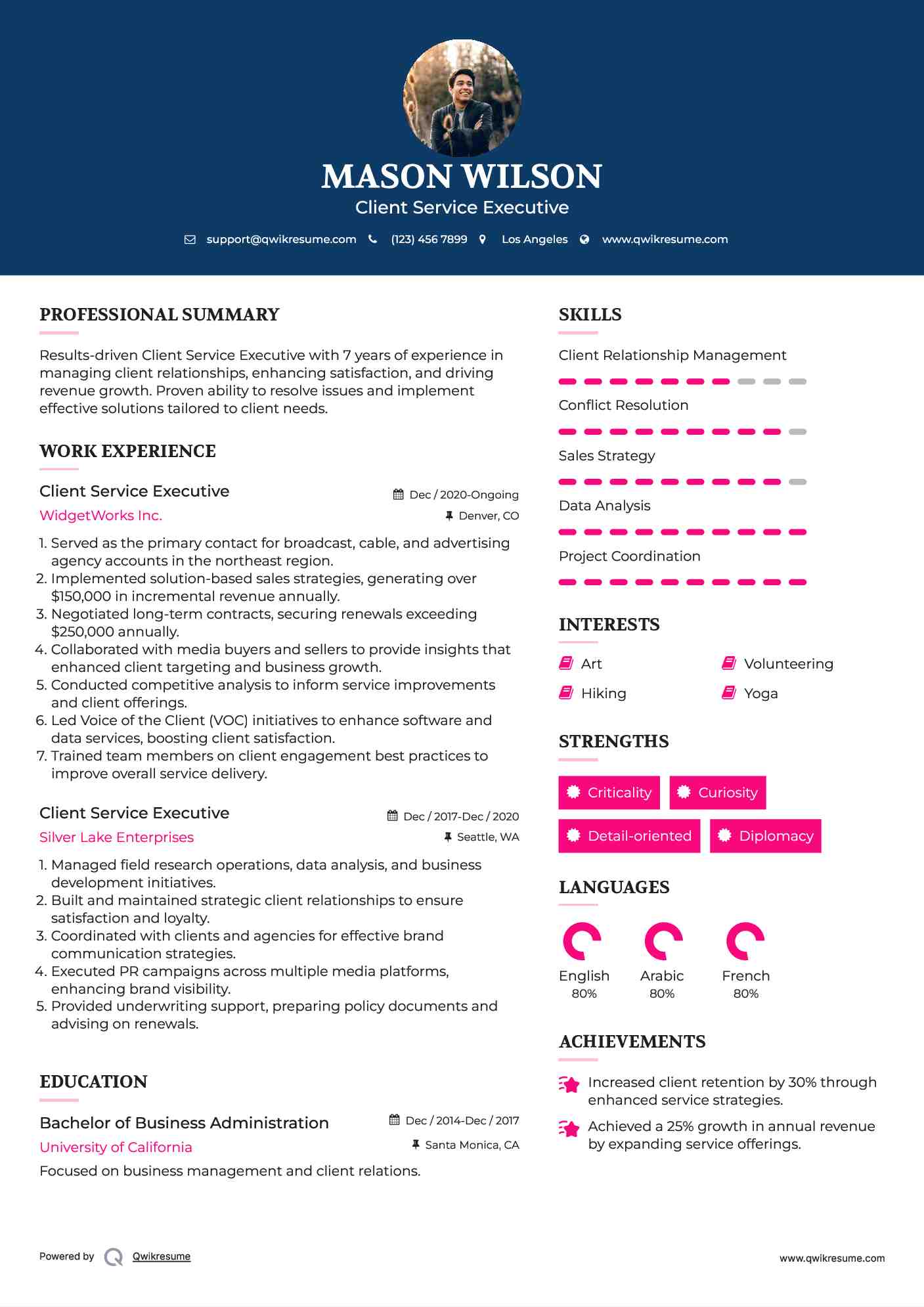 Client Service Executive Resume Sample