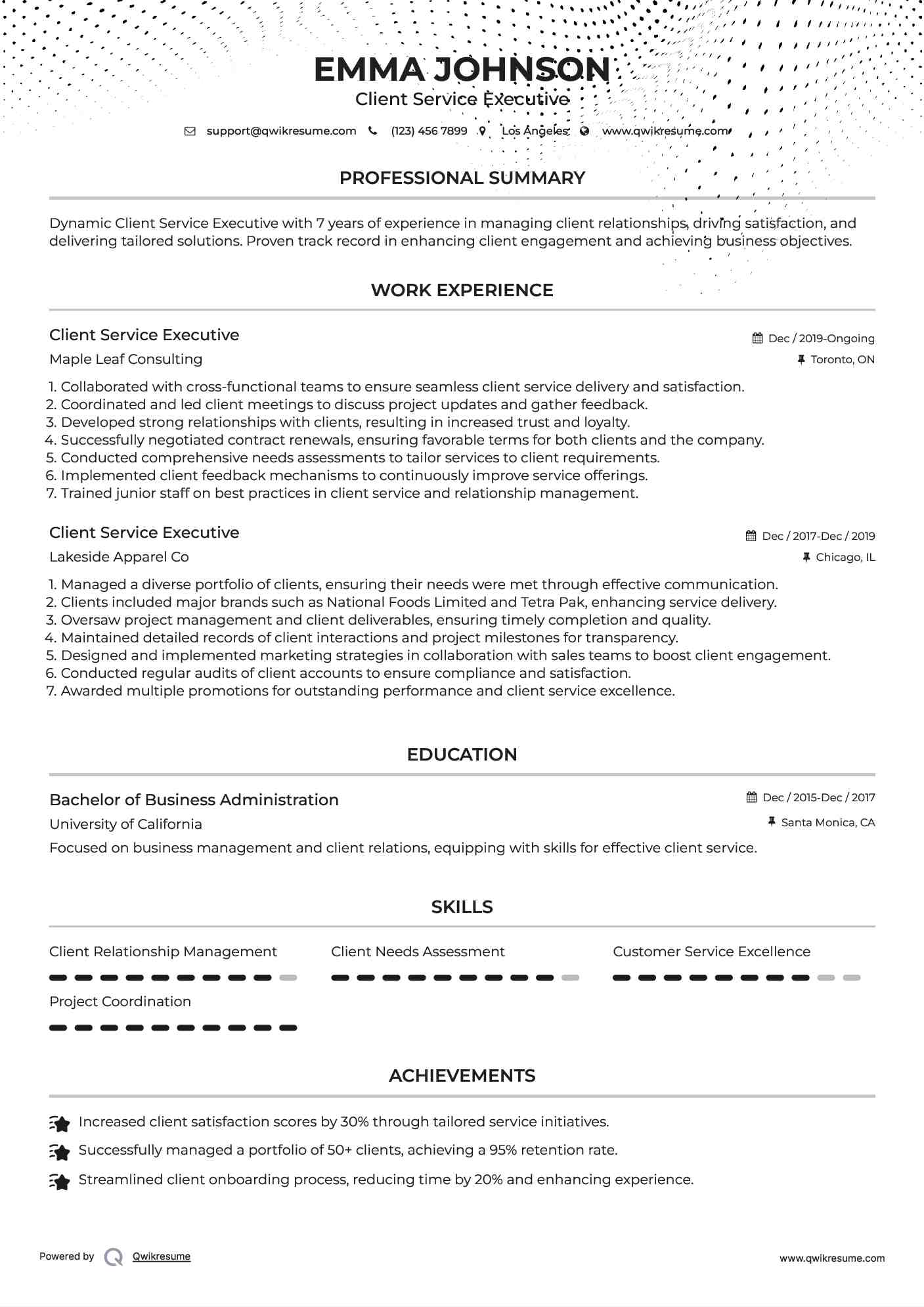 Client Service Executive Resume Sample