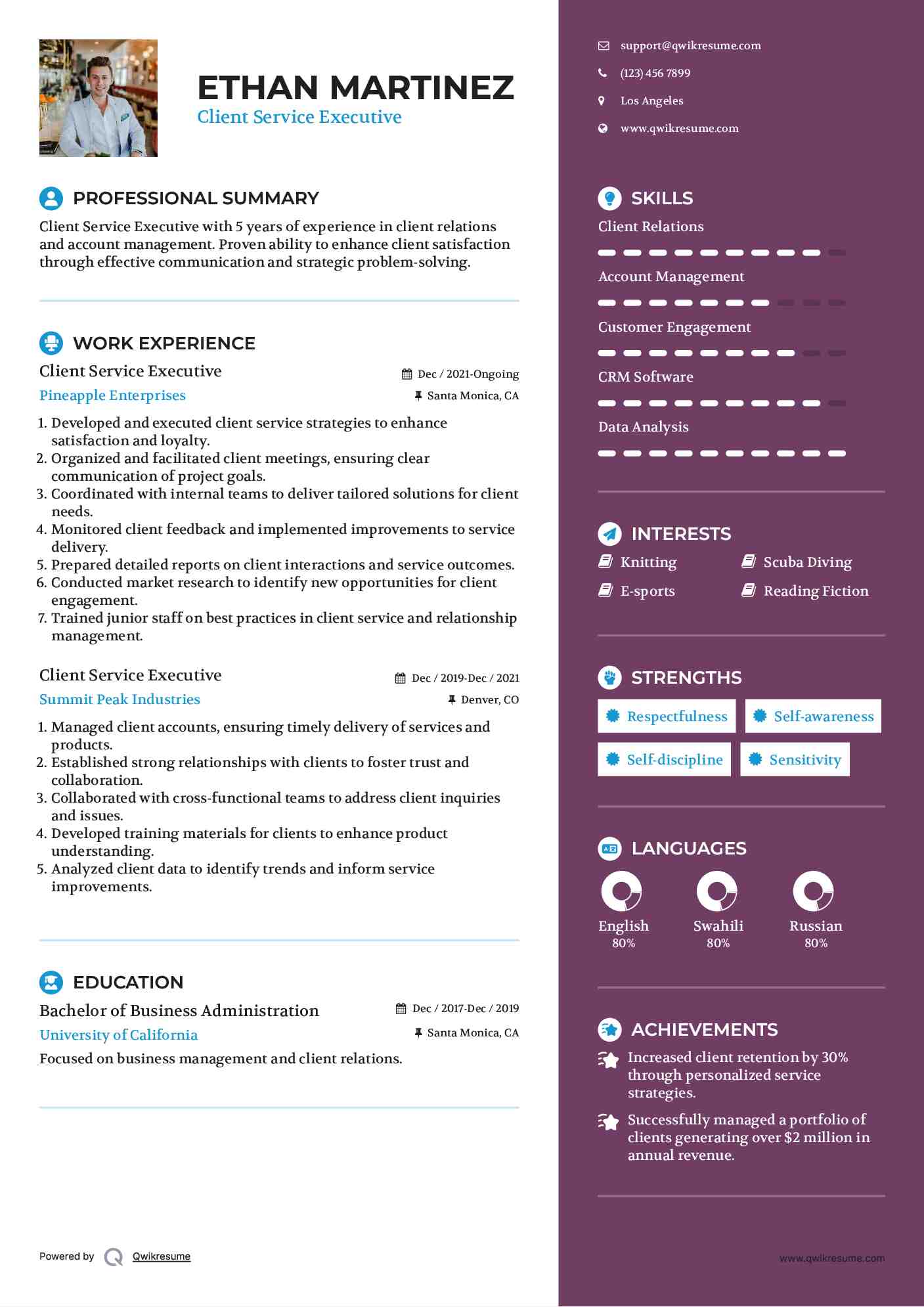 Client Service Executive Resume Template