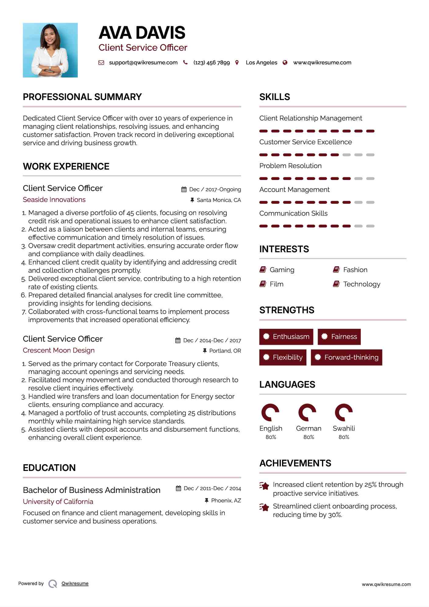 Client Service Officer Resume Example
