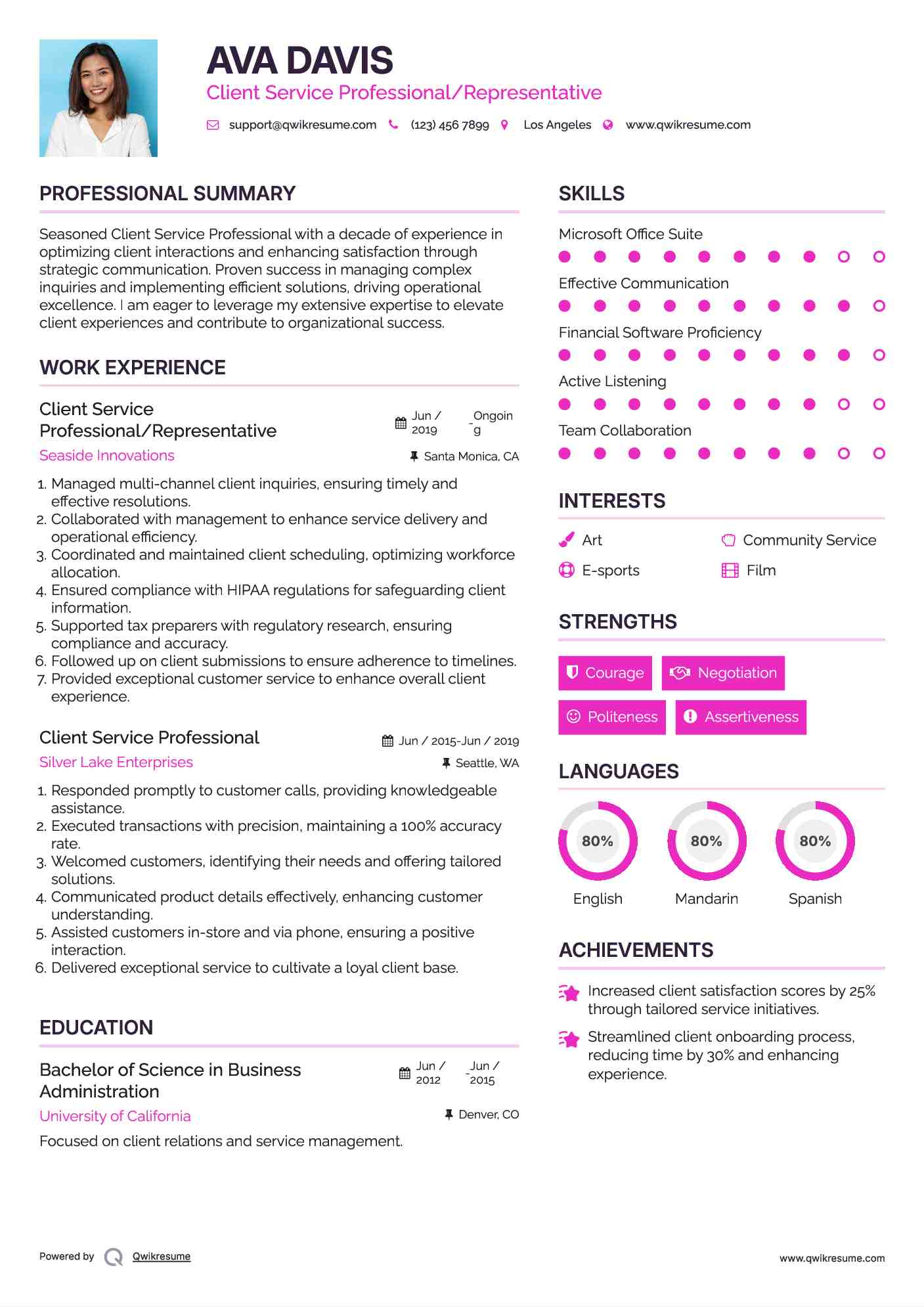 Client Service Professional/Representative Resume Sample