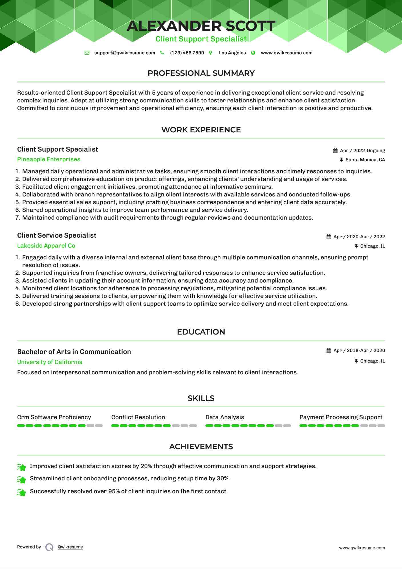 Client Support Specialist Resume Model